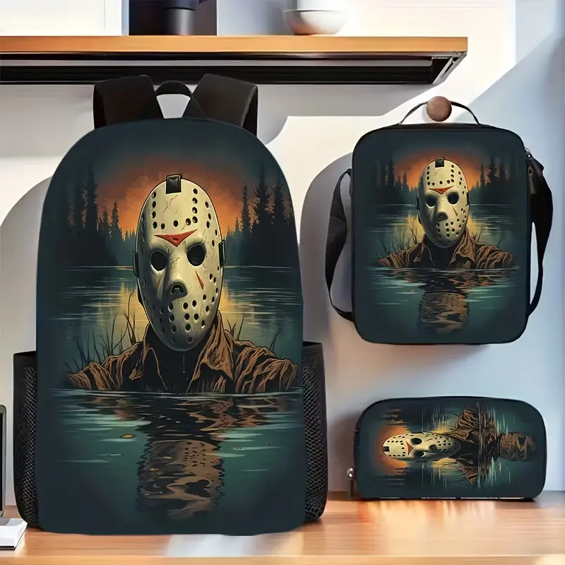 3-piece set of horror Jason mask themed large-capacity Oxford cloth travel bag, with laptop compartment, unisex school backpack with pencil case and crossbody bag, hand washable - suitable for daily commuting for both men and women, convertible backpack t