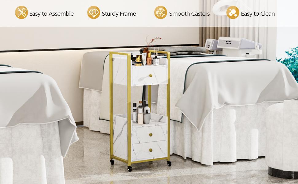 OmySalon Salon Trolley Cart with Wheels, Esthetician Cart with 3 Drawers & 2 Trays, Mobile Storage Organizer for Beauty Spa Massage Tattoo Esthetic Facial Tool Holder Station, White Marble