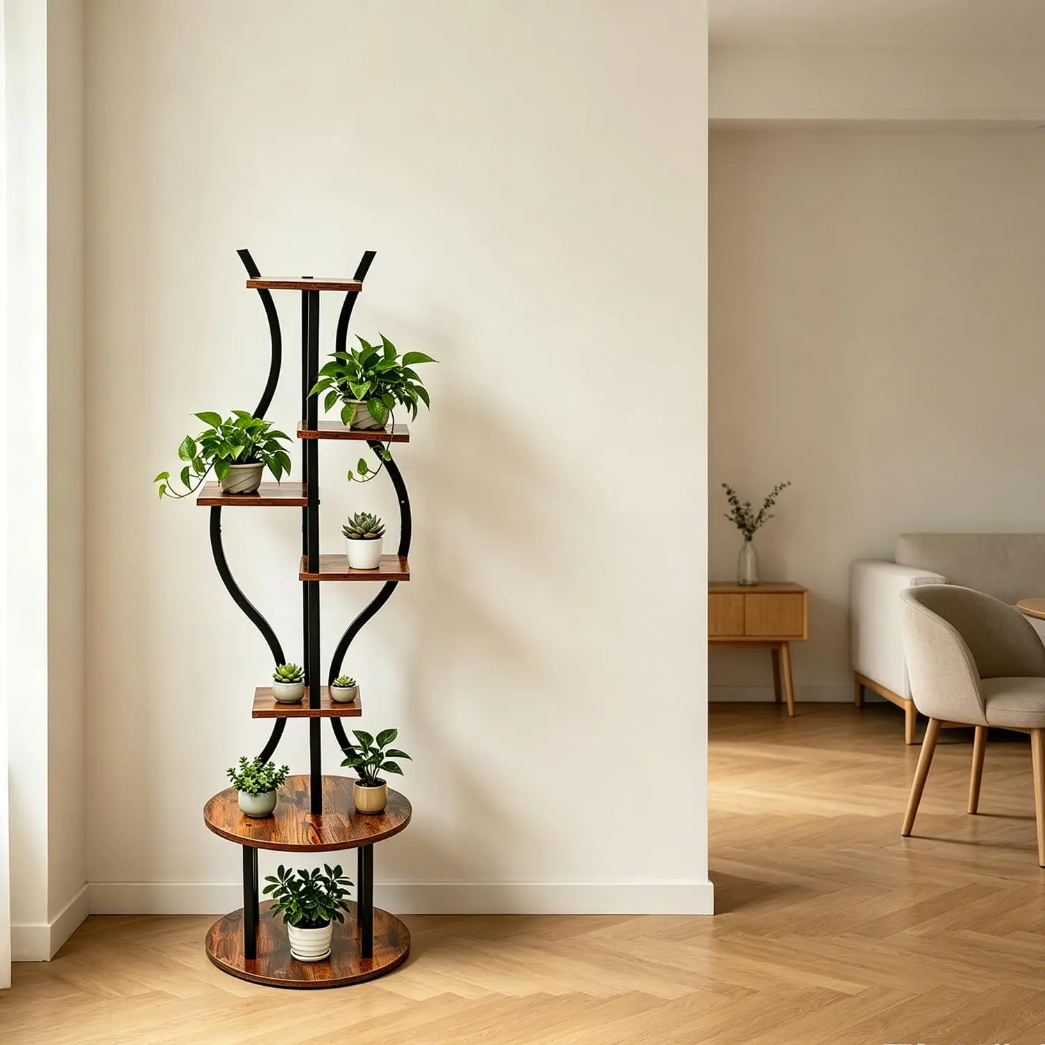 7 Tier Metal Plant Stand - Heavy Duty Indoor Corner Flower Pot Holder Shelf with Wooden Shelves, S Shaped Geometric Display Rack for Living Room Balcony Patio Garden