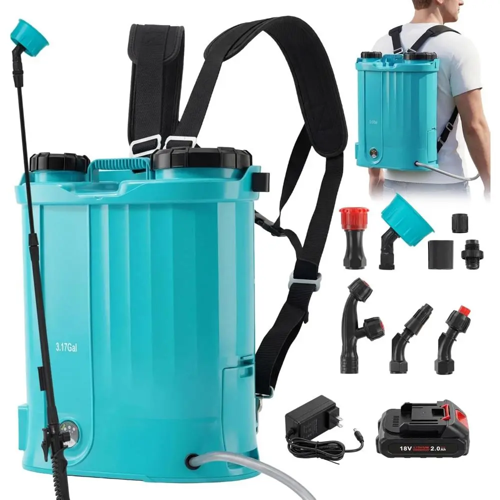 3.17 Gallon Battery Powered Backpack Sprayer, 0-65 PSI Adjustable Pressure, Electric Sprayer with 5 Nozzles and 1 Wands, 18V 2Ah Battery, Wide Mouth Lid for Weeding, Spraying