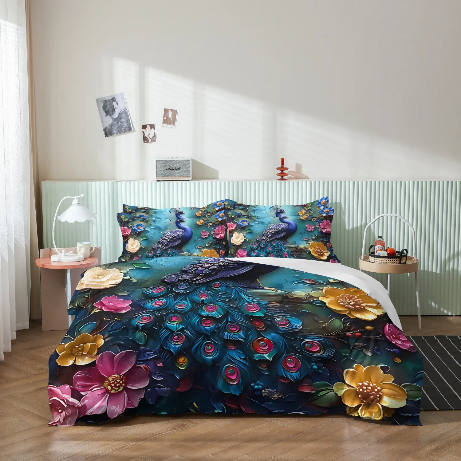 Vibrant Peacock Flower Print Duvet Cover Set, 3 Pieces Dark Teal Iridescent Peacock Tail Floral Tropical Art Pattern Bedding, Machine Washable Soft Breathable Bedding Linen (1 Duvet Cover + 2 Pillowcases, No Comforter No Pillow)