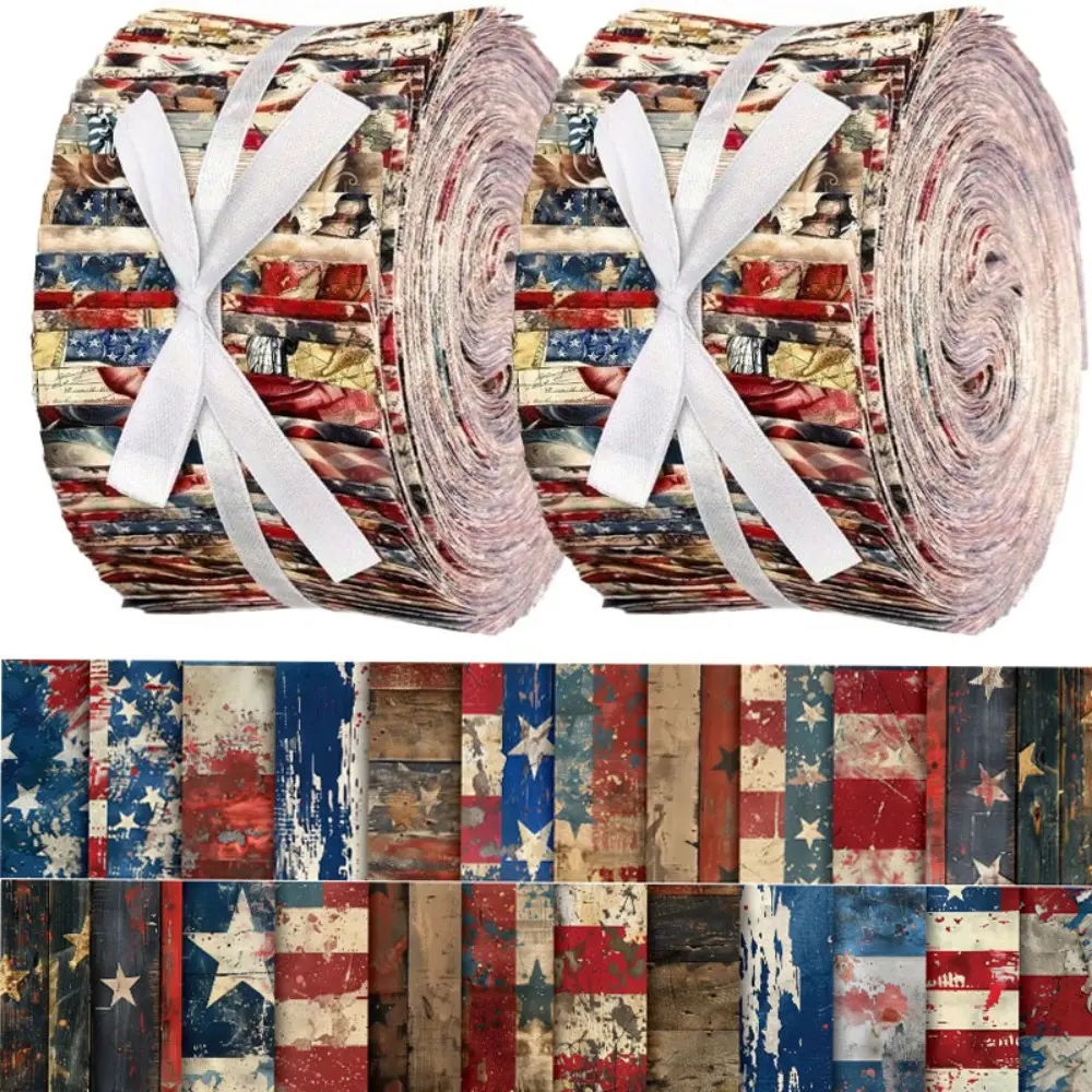 40PCS Precut American Flag Polyester Fabric Strips - Vintage Patriotic Stripes, Vintage Glam, 2.5x19.7in (6.5x50cm), Dry Clean Only Bundle for DIY Quilting & Home Crafts