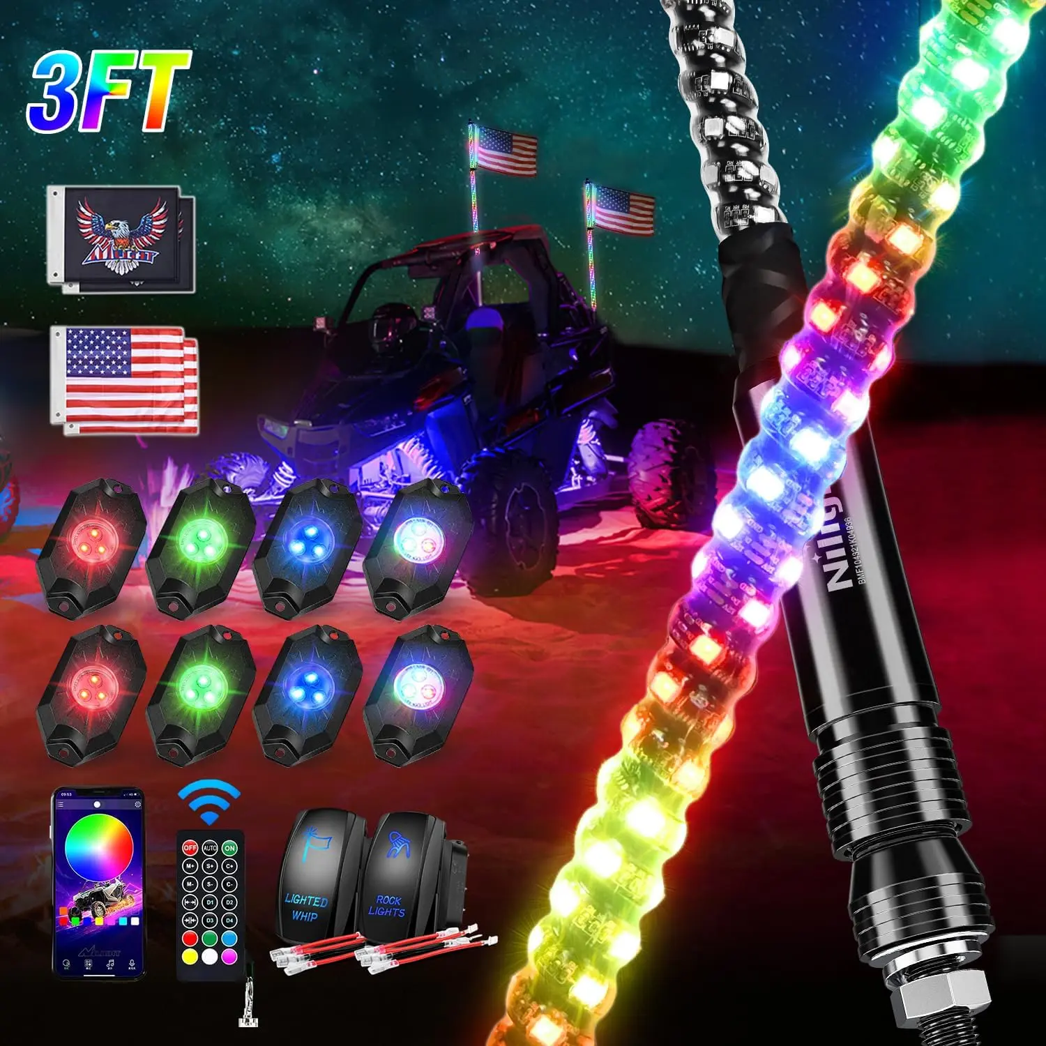 Nilight 2PCS 3FT Waterproof Spiral RGB LED Whips & 8PCS Bright Blue Red LED Combo - Remote & App Control, DIY Chasing Designs, Stop-Turn-Reverse Safety Antenna, Super Bright Outdoor Waterproof ATV/UTV Lights, Blue Red Lights, Led Lights