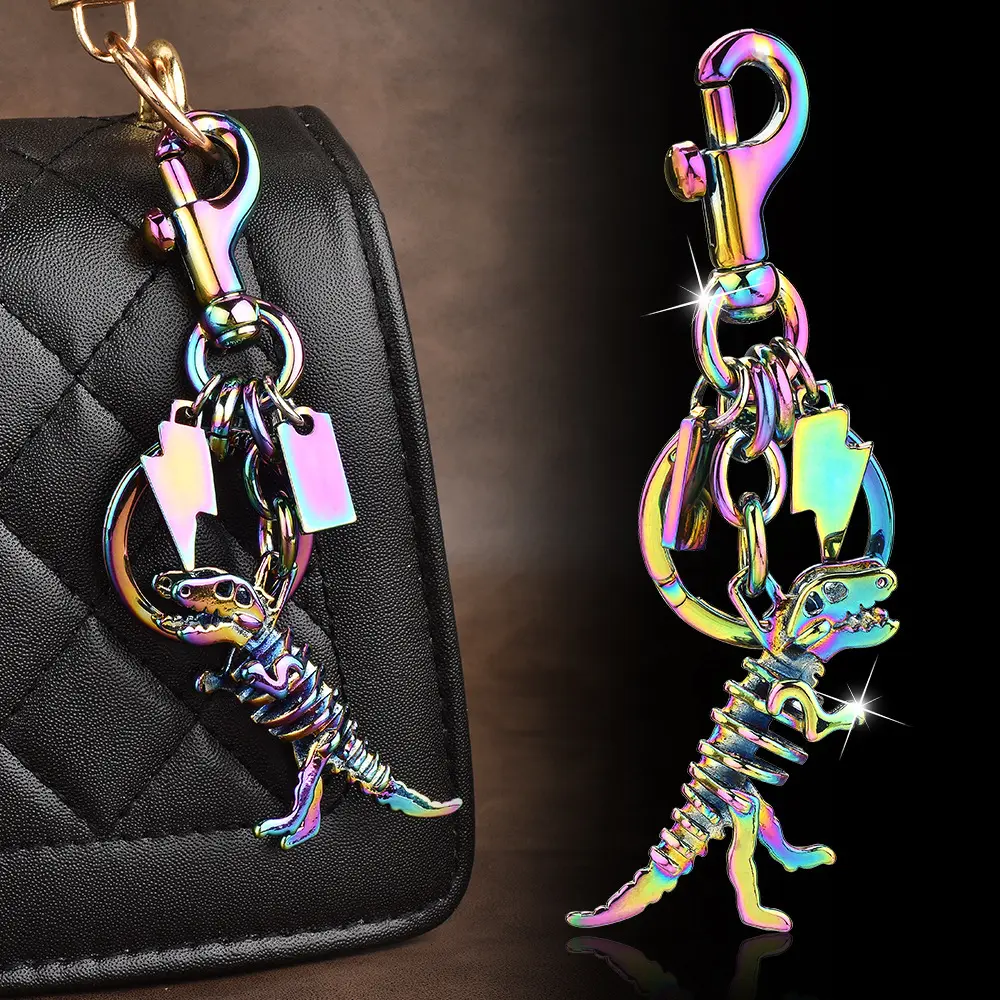 Vintage Metal Keychain With Iridescent Dinosaur Skeleton Charm Polished Color Shifting Metal Surface Sturdy Split Key Ring For Handbag Backpack Street Casual Matching Personality Trendy Decorative Bag Accessory, Split Ring, Street Look, Synthetic Metal