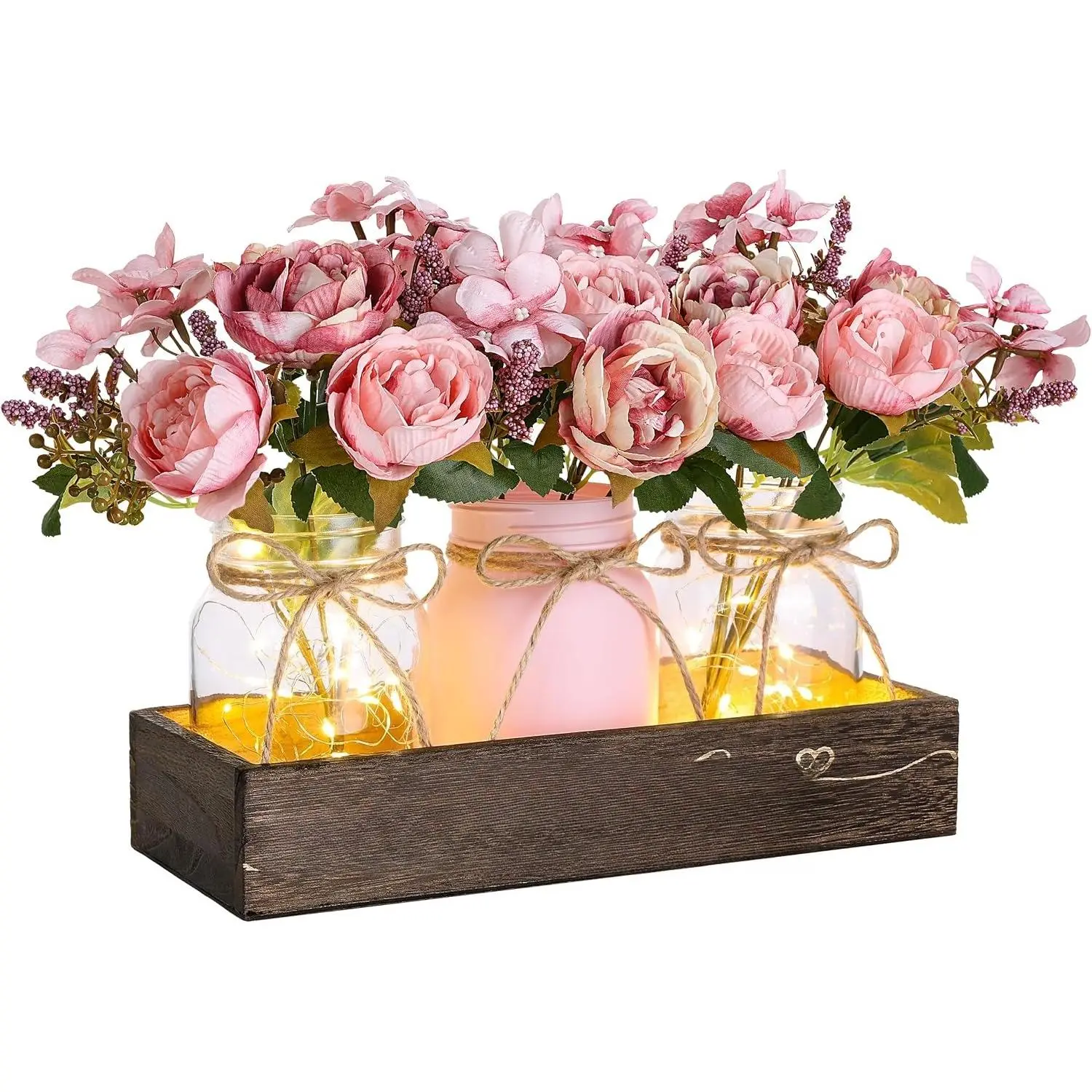 3 Pcs Mason Jar Centerpiece with Wood Tray & LED Light | Coffee Table Decor, Farmhouse Table Centerpieces, for Dining Room Kitchen Living Room, Friendship Gifts, Fall Decor, Pink