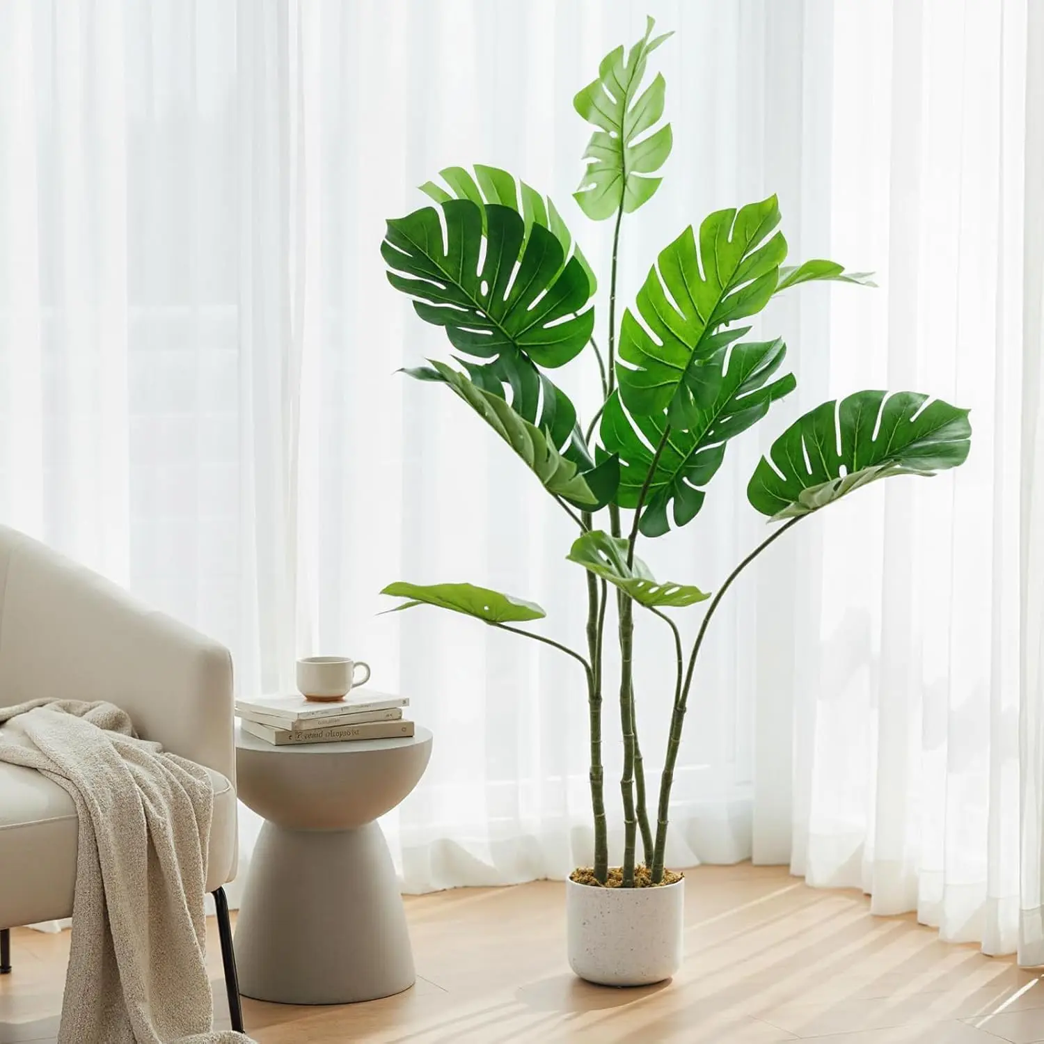 4 ft Faux Monstera Deliciosa in Cement Pot – Artificial Cheese Plant with Lifelike Leaves, PE+PVC, Realistic Decor for Living Room, Office & Bedroom