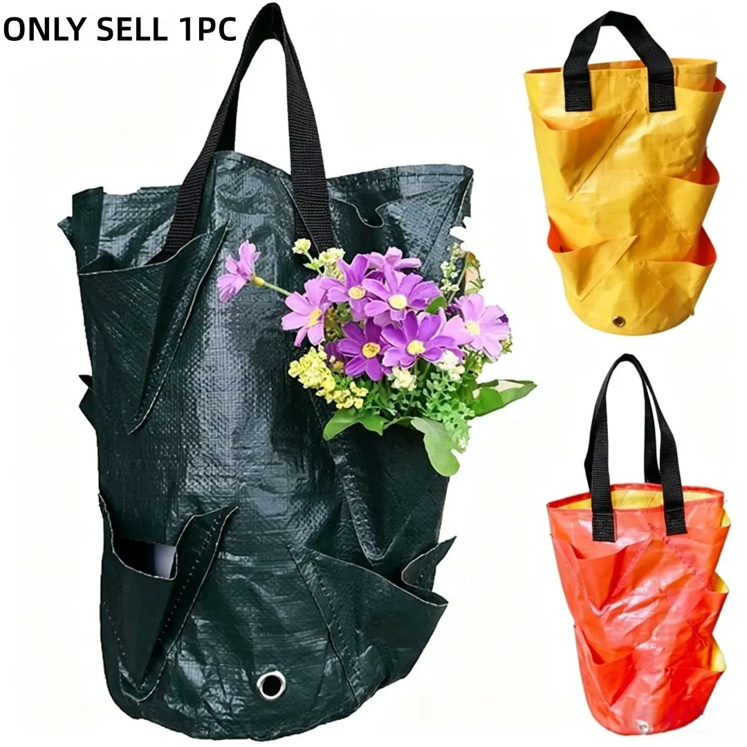 Hanging Strawberry Grow Bags with Side Pockets, 3 Gallon Vertical Planter, Waterproof PE Pot for Strawberry Tomato Pepper Herb Vegetables, Aeroponic Container with Black Handles for Balcony Patio, Colors Shipped Randomly