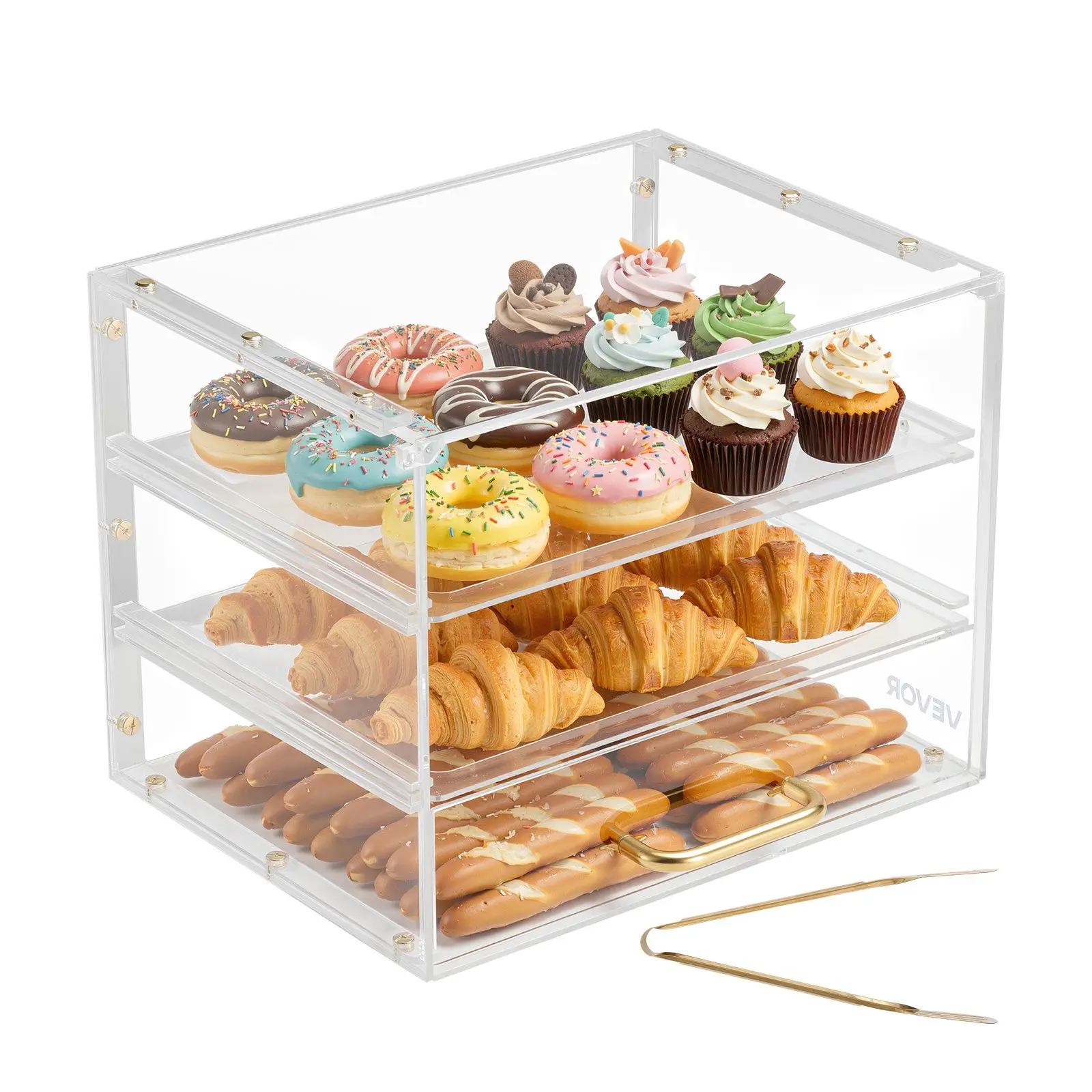 VEVOR Bakery Display Case, 3-Tier Commercial Countertop Pastry Display Case, Clear Acrylic Bread Box for Kitchen, Party Cake Cabinet with Flip-Up Door for Cookie Dessert Donut, 13" x 10.2" x 10.2"