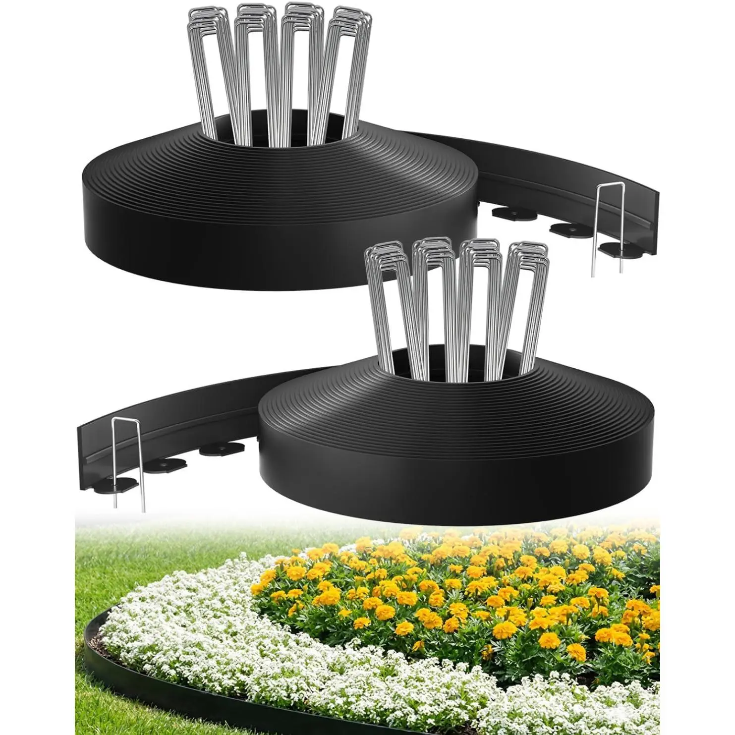 Landscape Edging, 2 Inch 100 ft Garden Border Edging Upgraded with 150 Steel Stakes (Strong) & Reinforced Design - Durable Plastic Garden Border for Flower Beds, Lawn & Yard