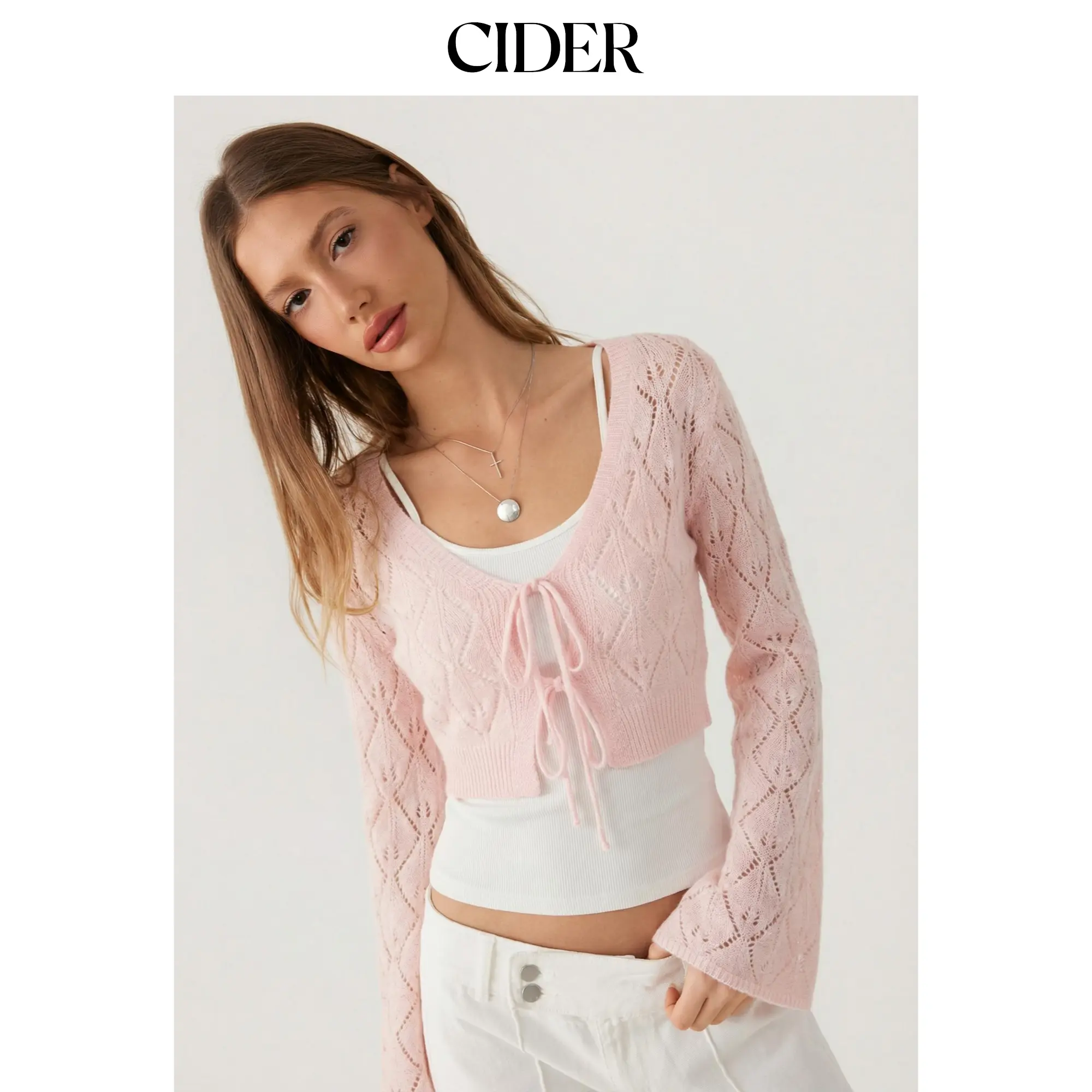 Cider Knit Textured Bell Sleeve Cardigan With Tie Front Bow SohoChic