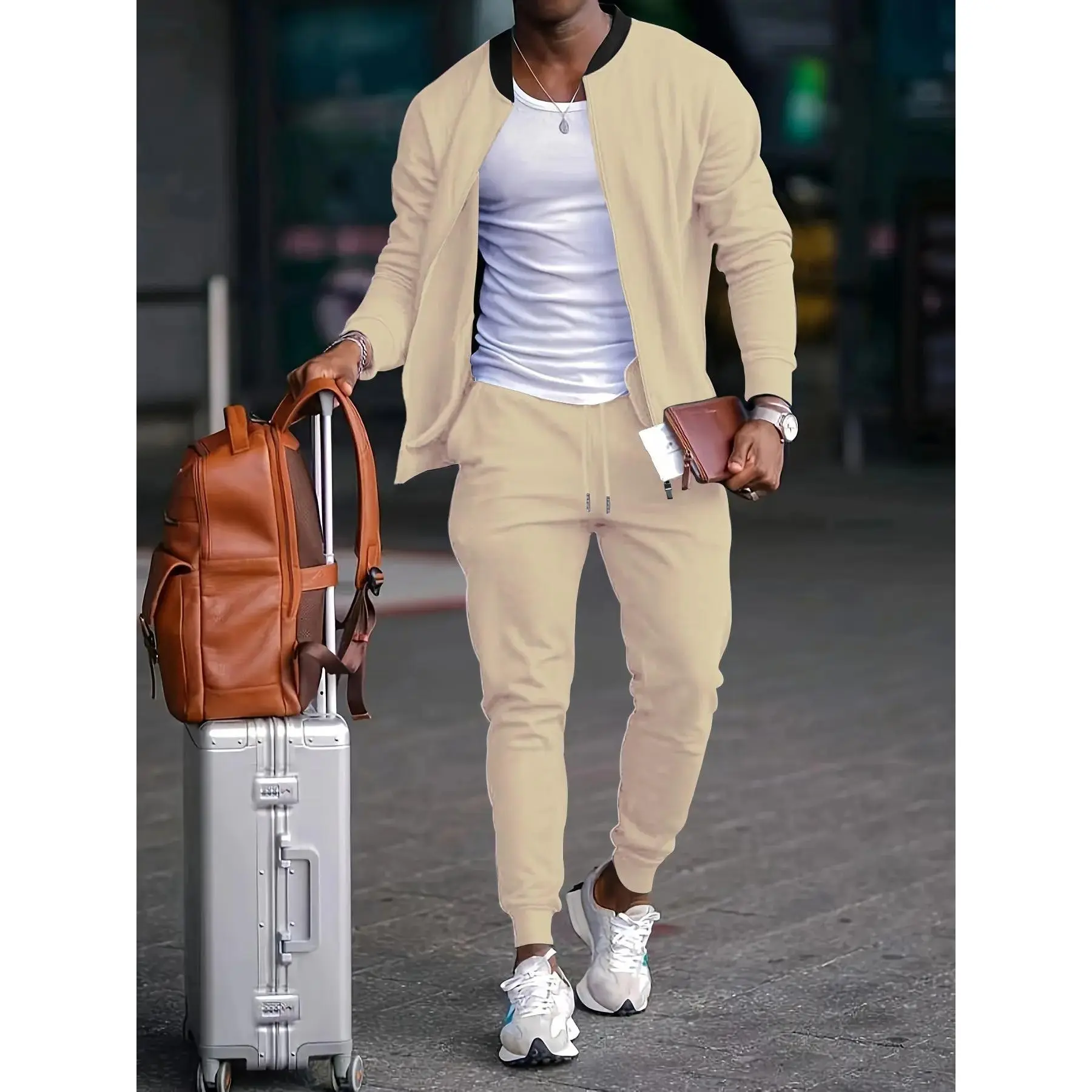 Men's Casual Sporty Set, Stand Collar Top & Loose-Fit Pants, Spring&fall, Comfortable Commuter Athletic Wear, Plain Color Design, Tracksuit Matching Set, Solid Tracksuits Set