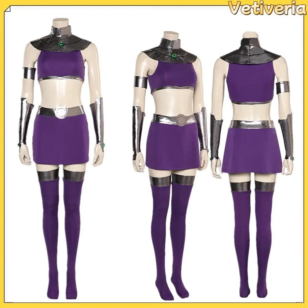 Women's Starfire Cosplay Full Set - Purple 2-Piece Composite Leather Outfit (Top, Short Skirt), 65cm Wig, Vest, Wristband, Shawl & Props for Holiday, Halloween Festive Party Supplies