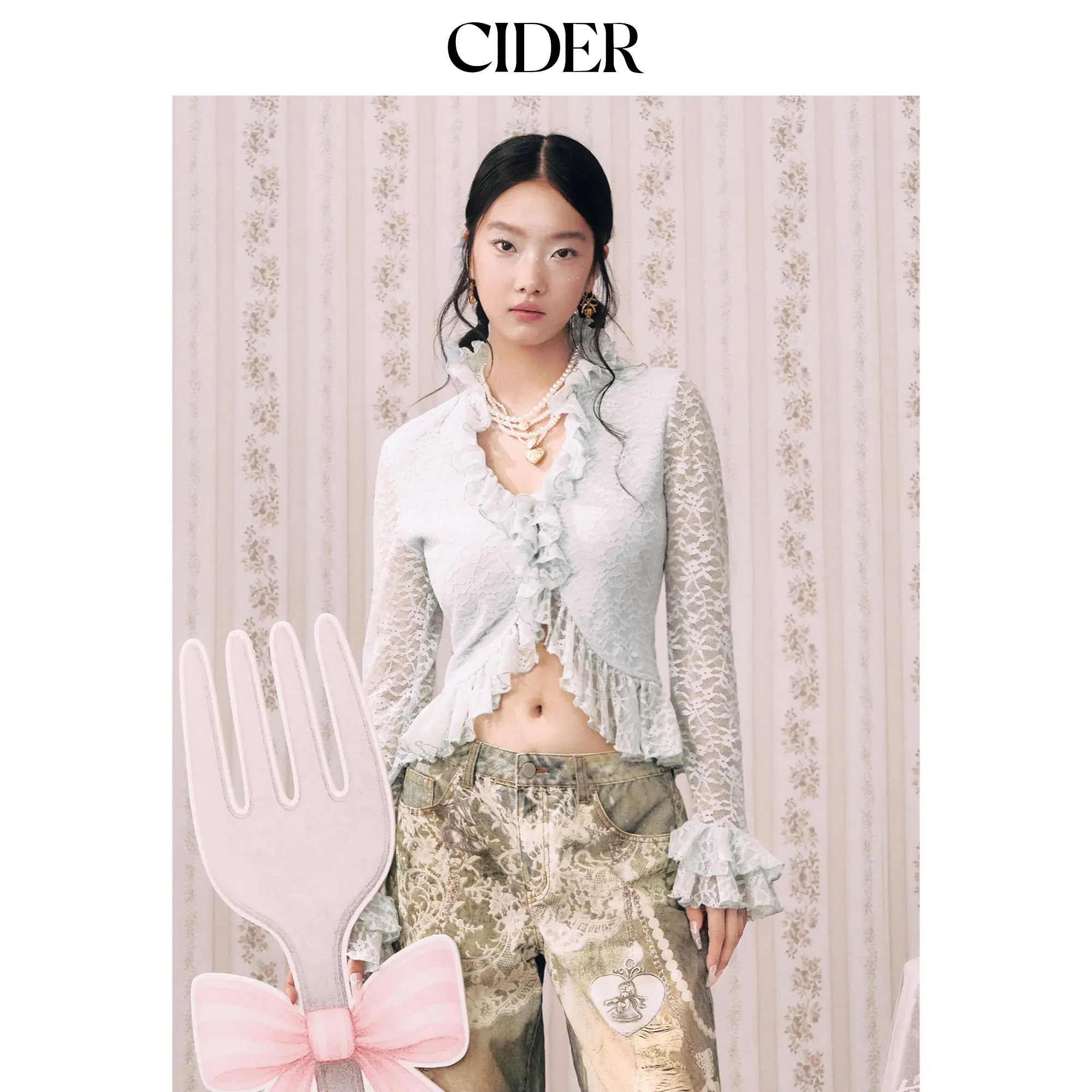 Cider Lace Stand Collar Lettuce Trim Long Sleeve Top SohoChic