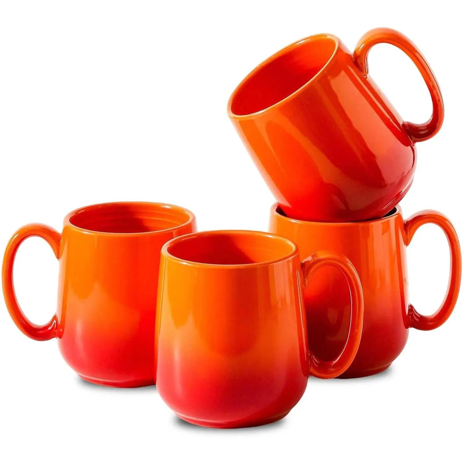 Set of 4 Ombre Coffee Mugs, 15oz Large Ceramic Cups – Dishwasher & Microwave Safe, Orange Gradient Cappuccino Latte  Handle Cup, Housewarming