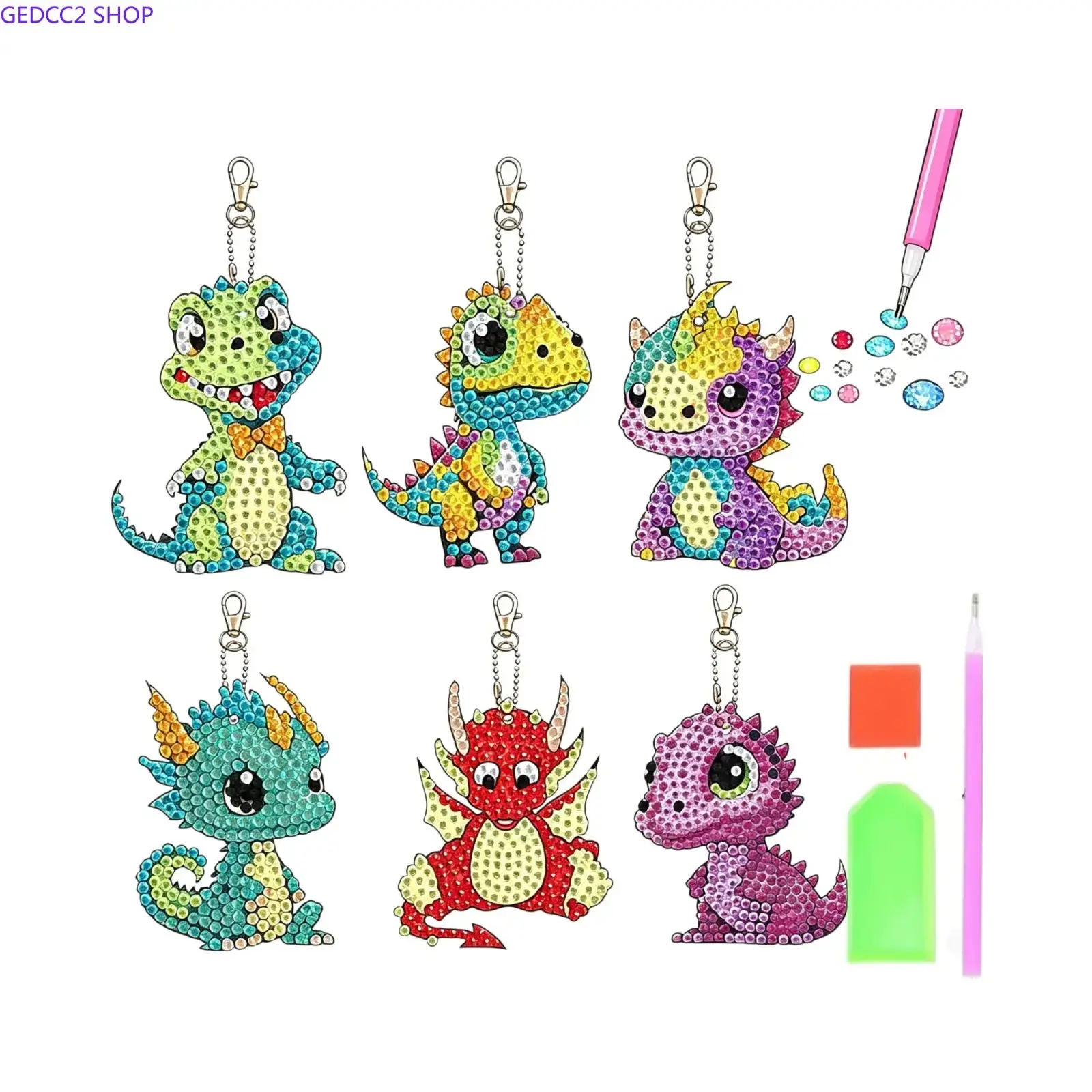 DIY Crafts Kit, 6-Piece Cute Dinosaur Diamond Painting Keychains, Customizable Rhinestone Animal Shape Charms for Bags and Backpacks, Animal Shapes, Plastic Base