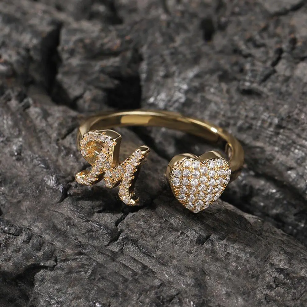 14K Gold Plated Initial Rings, Personalized Open Adjustable Heart Trendy Cubic Zirconia Letter A-Z Rings, Gold/Silver/Rose Gold, No Tarnish Rings Birthday Gifts Daily Vacations, Party Wear, Jewelry
