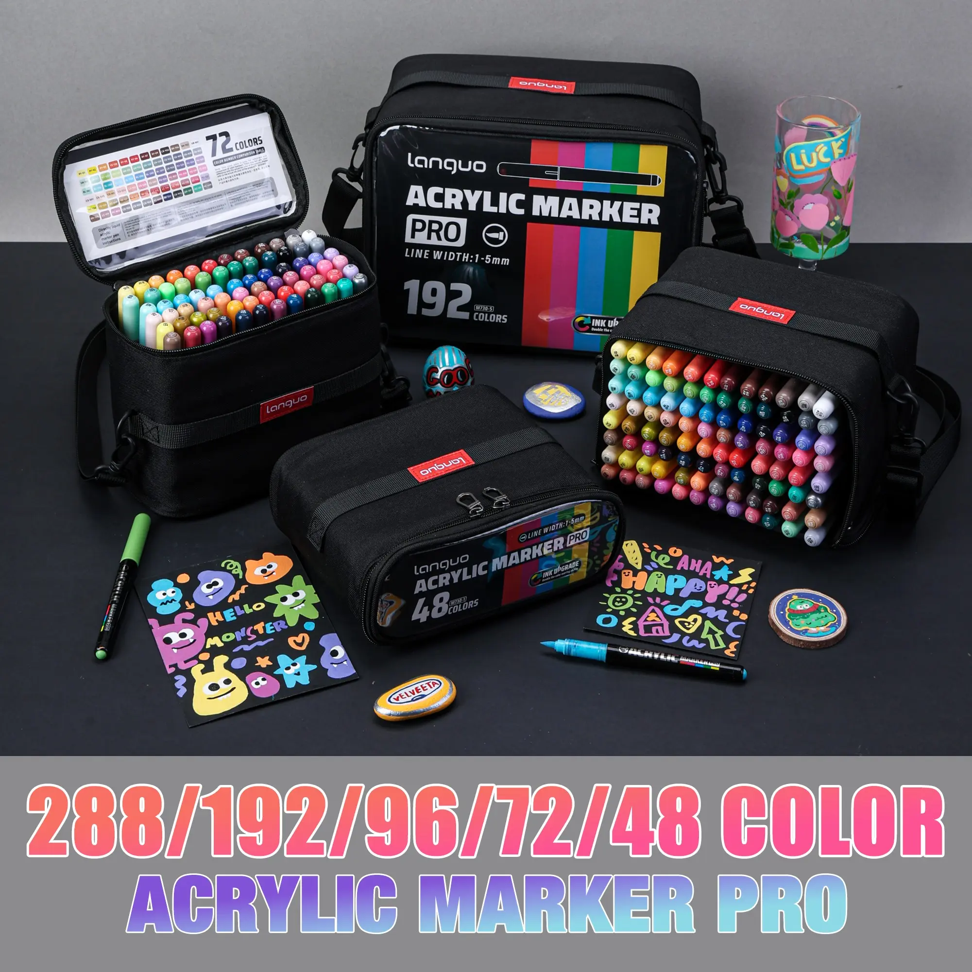 Languo Ink Pro Marker Pen Set, 288/192/96/72/48 Colors, Vibrant Ink, Soft Tip, Transparent Barrel, Ideal for Drawing, Office Use
