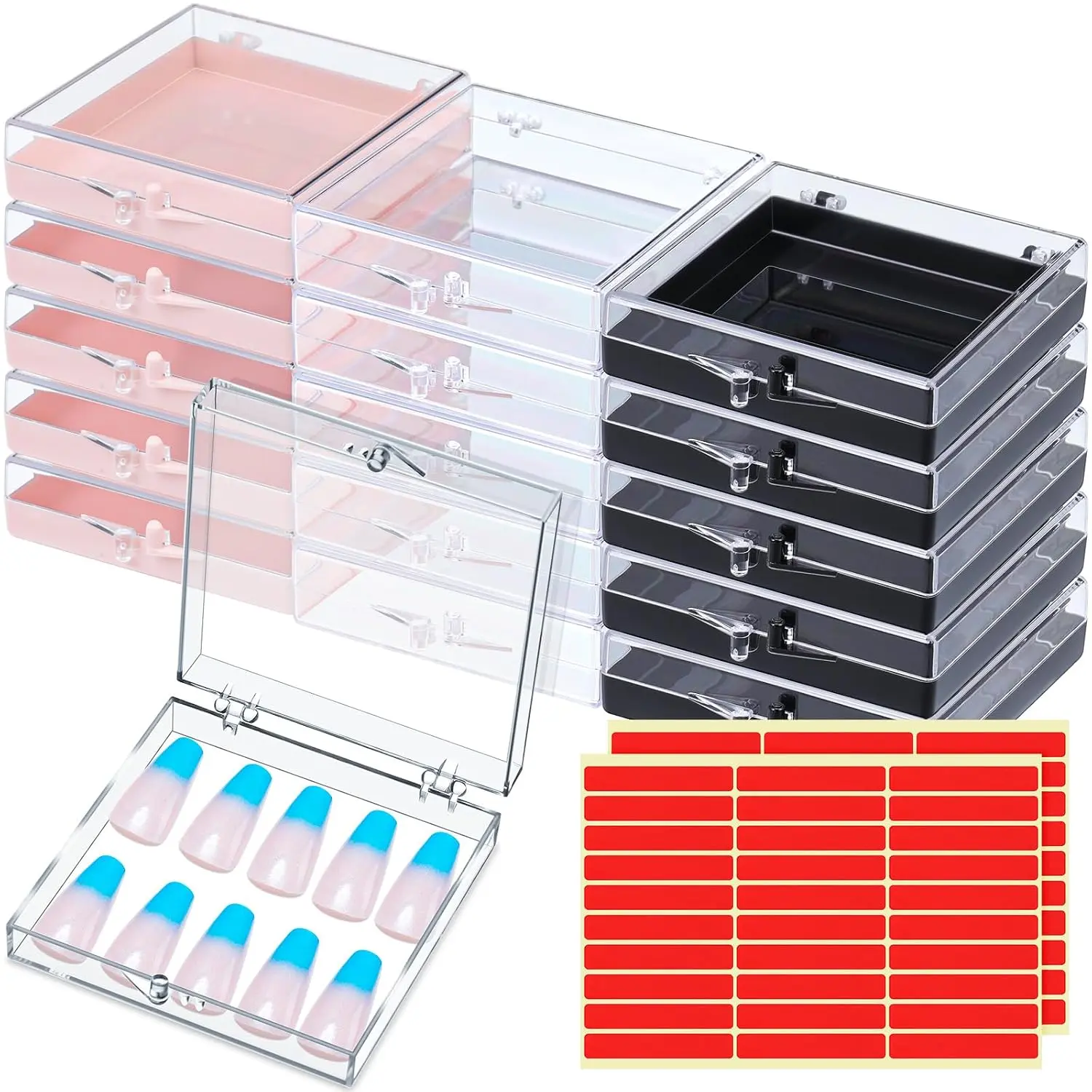 15-Count Press Boxes Display Case with 30 Adhesive Stickers - Transparent, Black Colorful Cosmetic Organisers, Transparent Storage Pack for Decoration, Artificial Press Container, Sticker Cosmetic Organisers