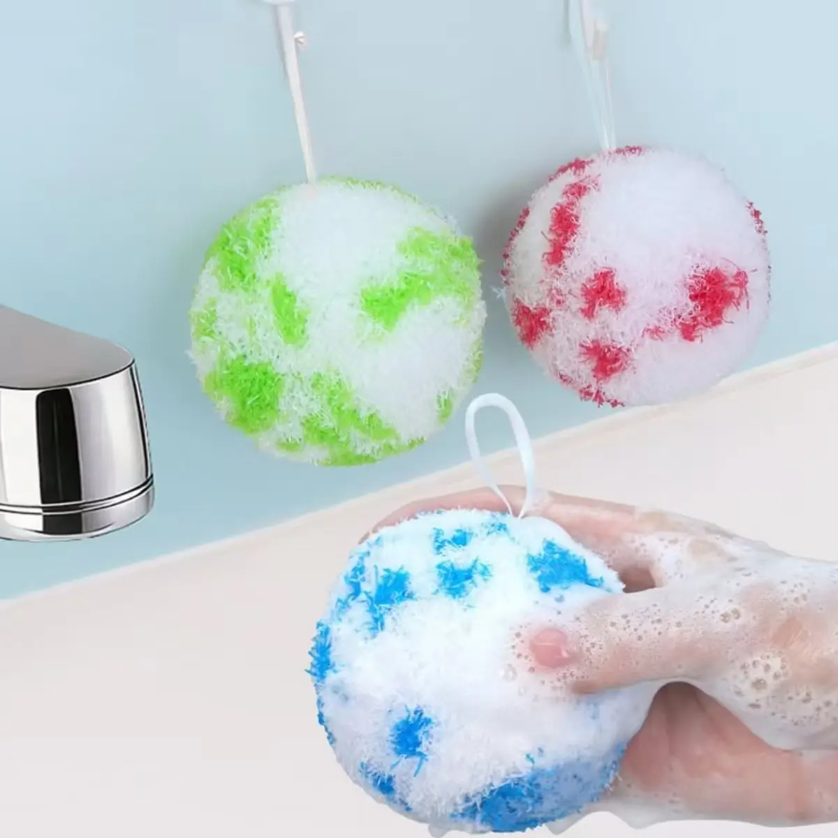 3PCS PP Magic Cleaning Balls - Reusable No-Chemical Cleaner Sponges, Portable Bathroom/Kitchen Scrubber Kit for Bathtub & Sink, Easy Wall-Mounted Storage,Household
