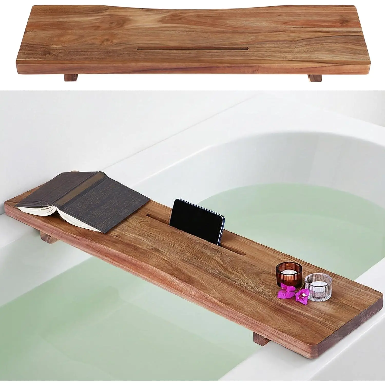 Premium Acacia Wood Bathtub Tray Caddy with Adjustable Legs, Minimalistic Design Bath Tray for Tub, Bathtub Accessories, Fit Standard and Against Wall Bath Tubs, Gift Idea for Women