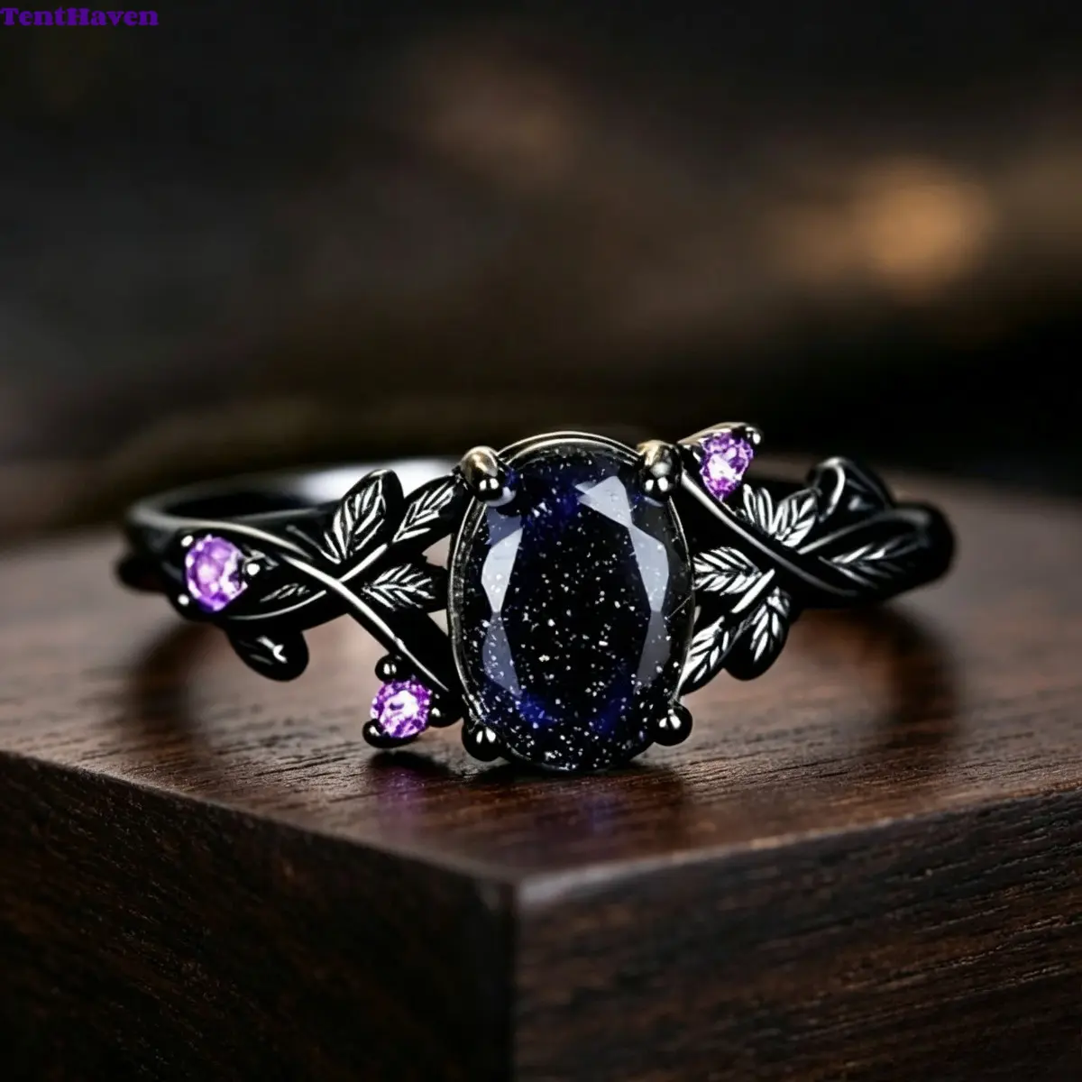 Gothic Vine Leaf Ring for Women, Metal-Plated Copper Base Jewelry with Oval Blue Sandstone and Purple Crystal Accent, Tarnish Resistant for Daily Wear, Anniversary Gift, Sandstone Ring, Tarnishresist