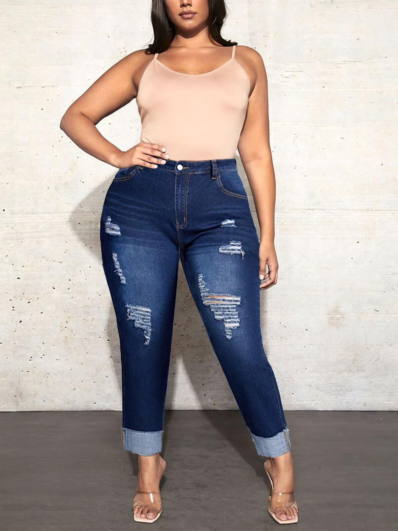 【Plus Size】 Solid Ripped Button Fly Skinny Jeans, Fashion Casual Pocket Design Denim Pants for Daily Outdoor Wear, Women Plus Clothing for All Seasons