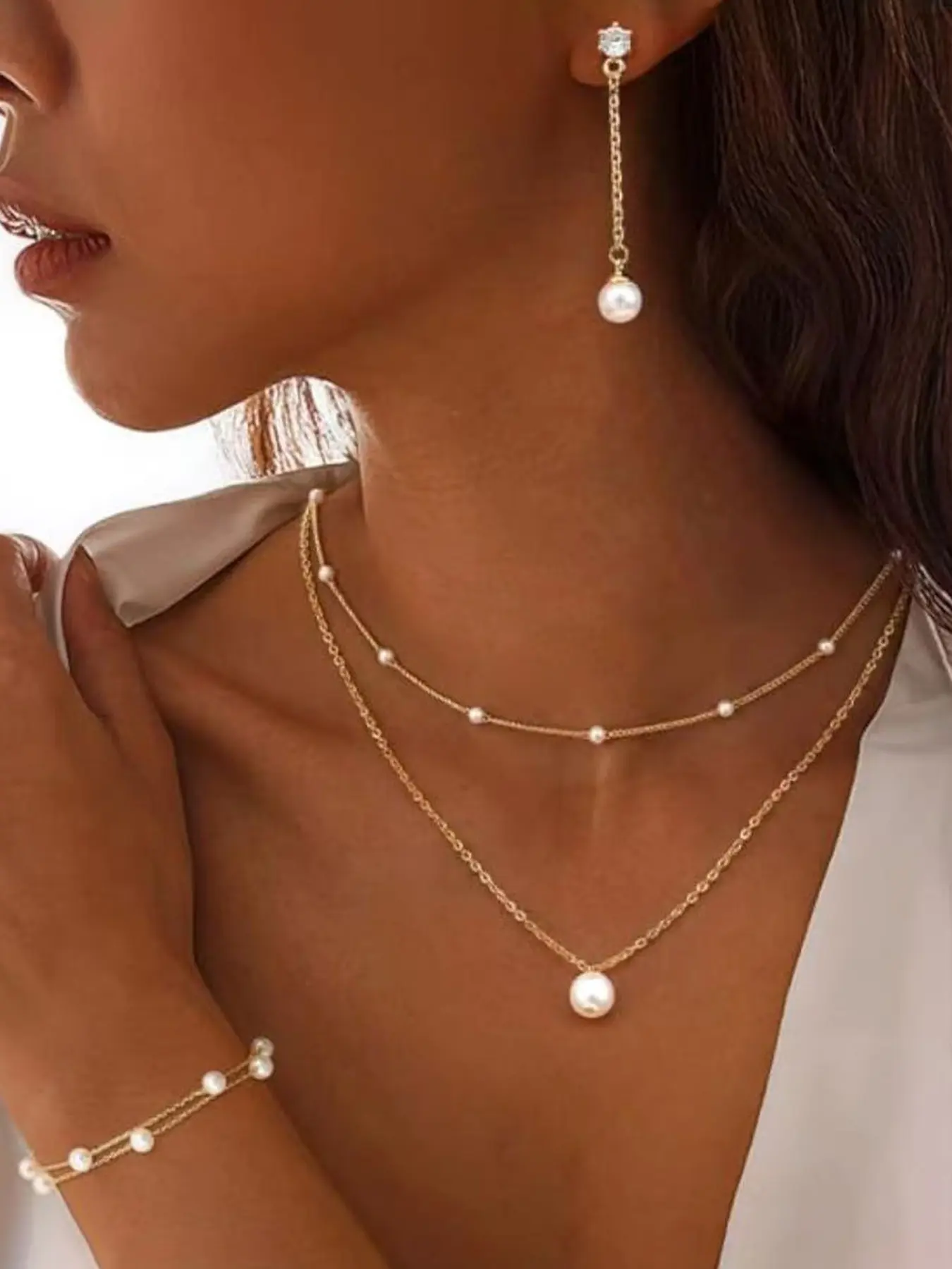 Gold Jewelry Set for Women Bridal Jewelry Set for Wedding Bride Jewelry Set for Wedding Day 14K Gold Plated Layered Pearl Choker Necklace and Drop Earrings Set Adjustable Bracelets Pearl/Cross/CZ Choker Necklace Dainty Wedding Jewelry Sets for Brides