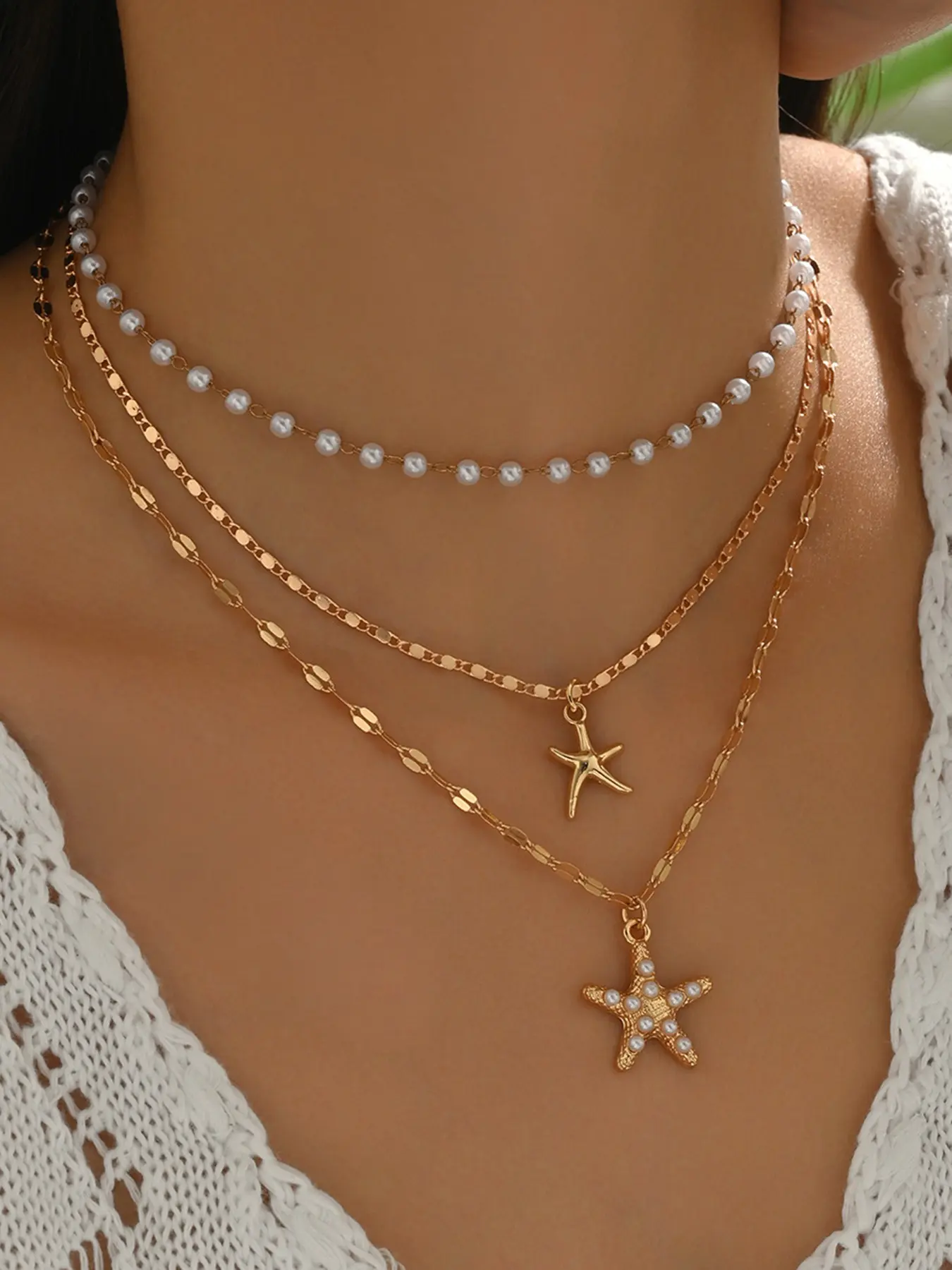 3-Piece Set Fashion Imitation Pearl Starfish Pendant Necklace, Adjustable Ocean Theme Jewelry, Women's Versatile Clavicle Chain, Daily Accessory