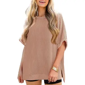 Womens Oversized T Shirts Summer Casual Ribbed Batwing Short Sleeve Tunic Tops Loose Fit Dolman Sleeve Tees