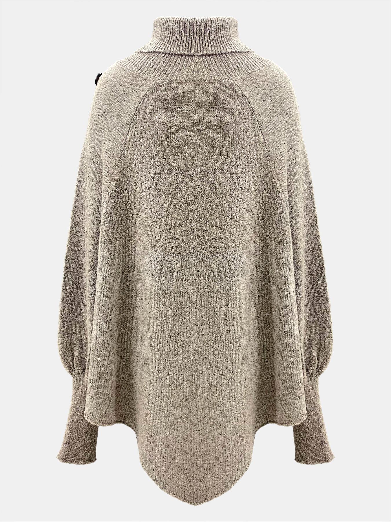 Women's Plain Fake Buttons Batwing Sleeve Loose Medium Sweater, Casual Long Sleeve High Neck Jumper for Fall & Winter, Fashion Chic Ladies' Knitwear for Daily Wear 1 Piece