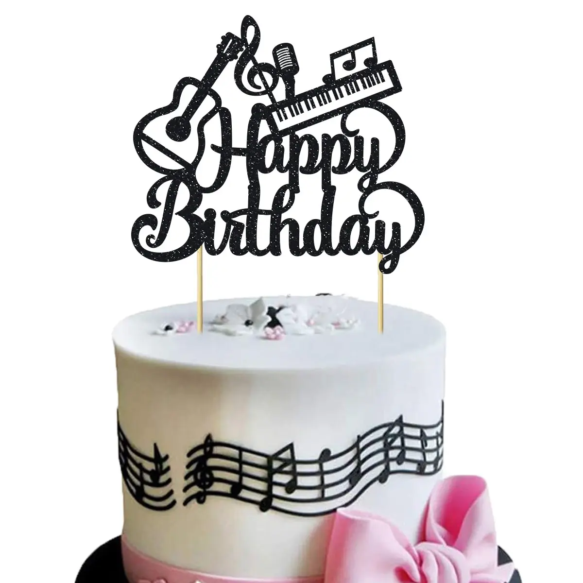 1pc Glitter Black Music Guitar Piano Happy Birthday Cake Topper Music Lover Birthday Party Supplies Happy Birthday Sign Cake Decorations