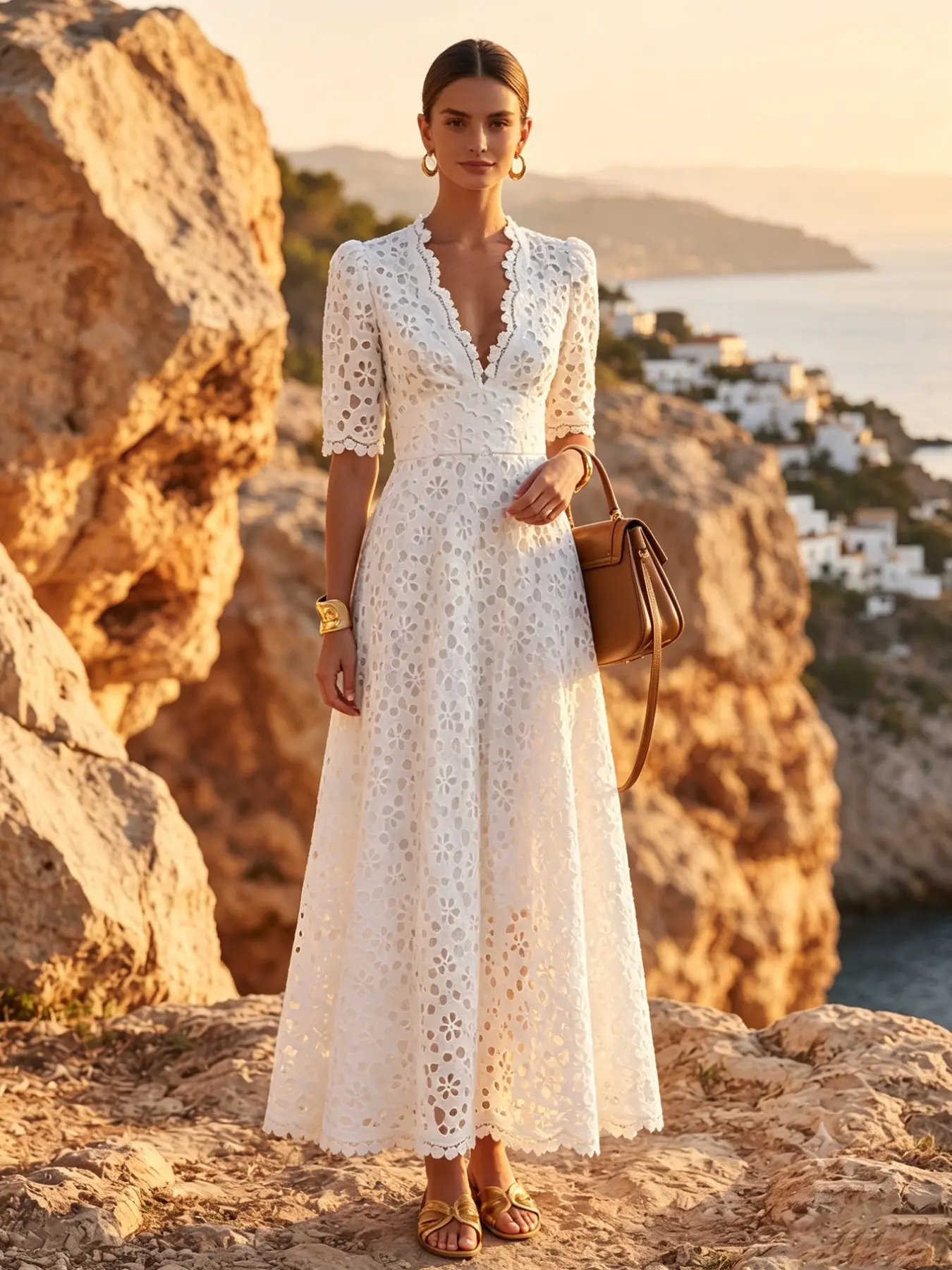 Women's Eyelet Maxi Dress, Elegant Wedding Guest Beach Vacation, Deep V Neck, Scalloped Trim, Puff Half Sleeve, High Waist, A-Line, Side Pocket, Floral Embroidered Lace Fabric, Spring Fall, Vneck