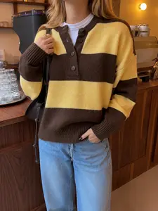 Women's Colorblock Striped Knit Sweater - Henley Neck, Soft Ribbed Knitting Fabric, Button Front, Long Sleeve, Relaxed Fit, Warm Casual Clothes for Autumn Winter Daily Wear