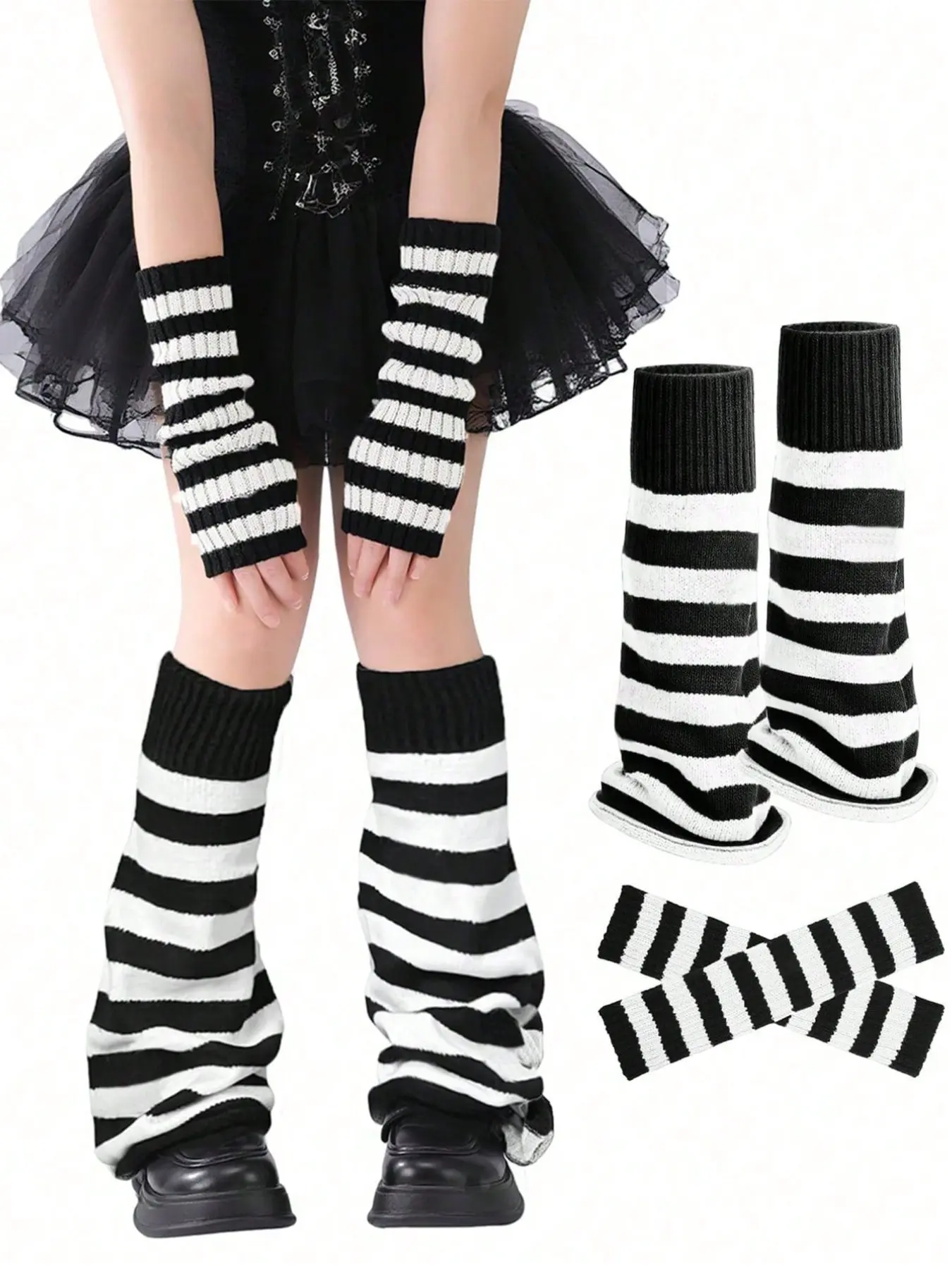 Women’s Y2K Vintage Striped Leg Warmers & Arm Warmers Set, 2PCS Black Grey Knit Sleeves, Goth Anime Cosplay Dance Festival Halloween Accessories