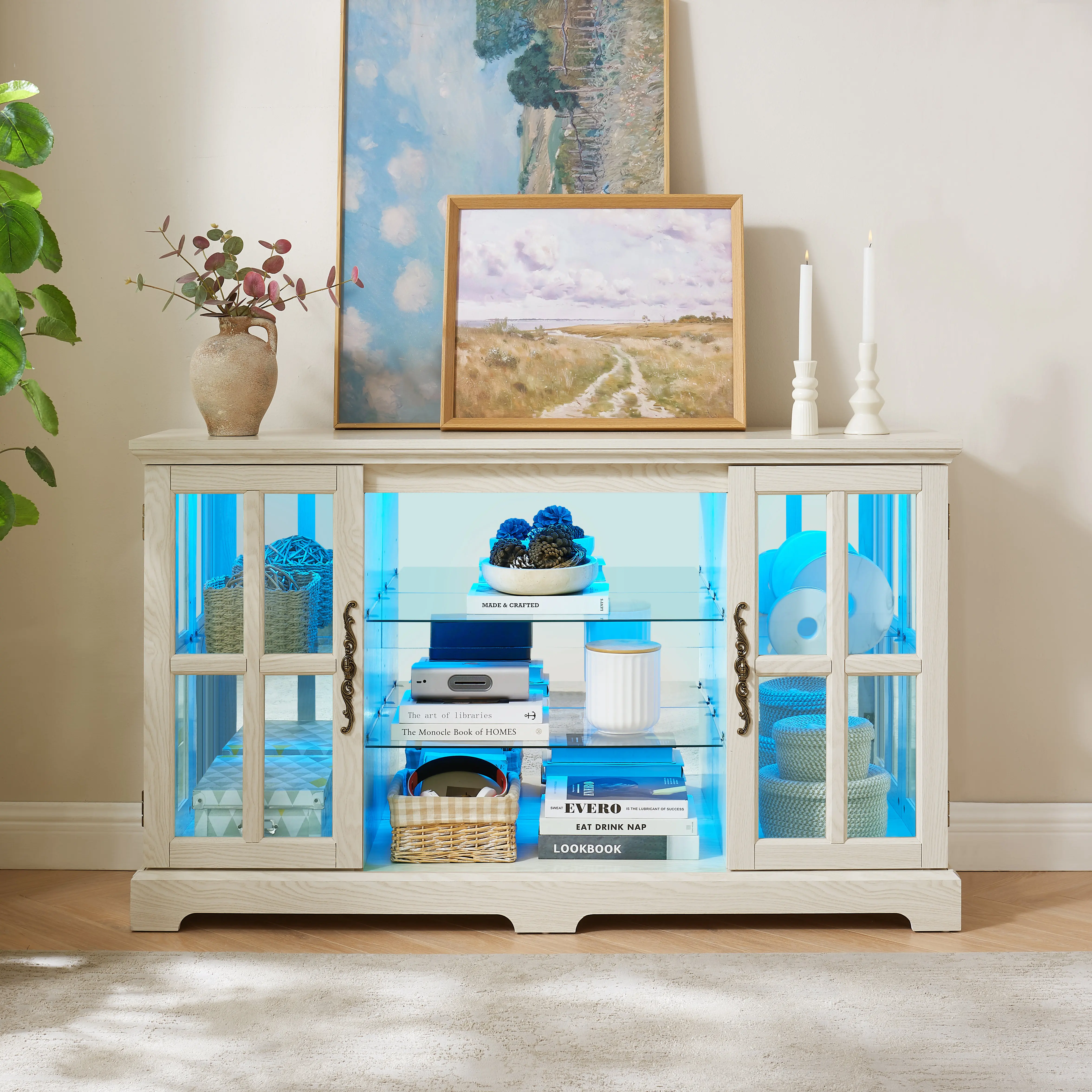 Nokaa White MDF Glass Door Sideboard Cabinet with 2 Grid Doors, 4 Adjustable Shelves, Mirror Back, Vintage Handles, Low Storage Credenza for Dining Room, Living Room, Bedroom, Hallway, 15.75W x 53.82D x 31.89H Inches