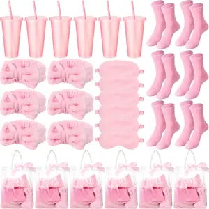 37 Pcs (6 Set) Sleepover Bachelorette Party Includes Tumblers With Straws Sleep Masks Bow Spa Headbands Cozy Socks Thank You Cards Silk Ribbon Clear Gift Bags Party Favors For Baby Shower Gender Reveal Party Bridal Shower