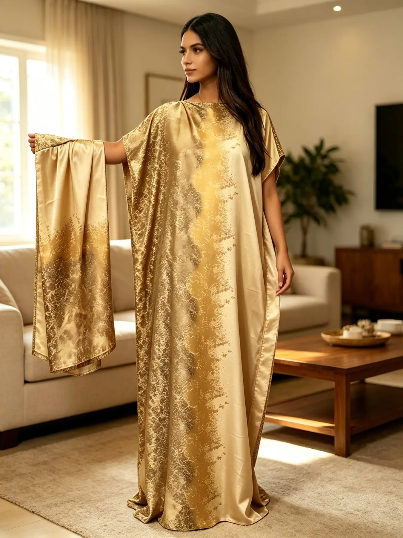 Women's Fashion Long Breathable Kaftan Sleepwear Loungewear Set, Champagne Gold Gradient Print, Loose Fit, Ideal for Beach & Home Wear