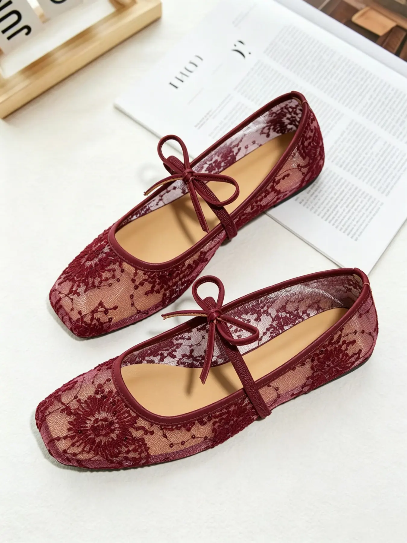 Breathable Mesh Embroidered Square Toe Women's Summer Flat Sandals, Bow Open-Toe Ballet Flats, Comfortable Low Heel Shoes, Breathable Footwear