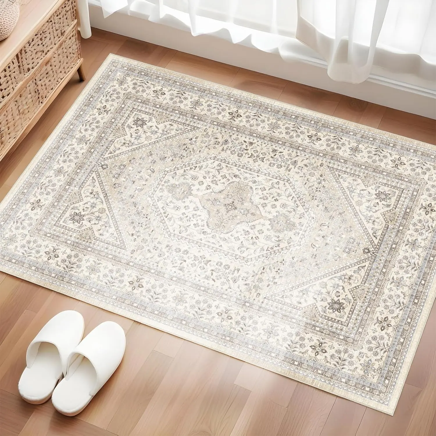 Washable 2x3 Entryway Area Rug Non-Slip Boho Throw Rug Beige Gray - Low Pile Thin Small Carpet for Bedside, Soft Pet-Friendly Indoor Door Mat for Kitchen Bedroom Bathroom Home DecorGift