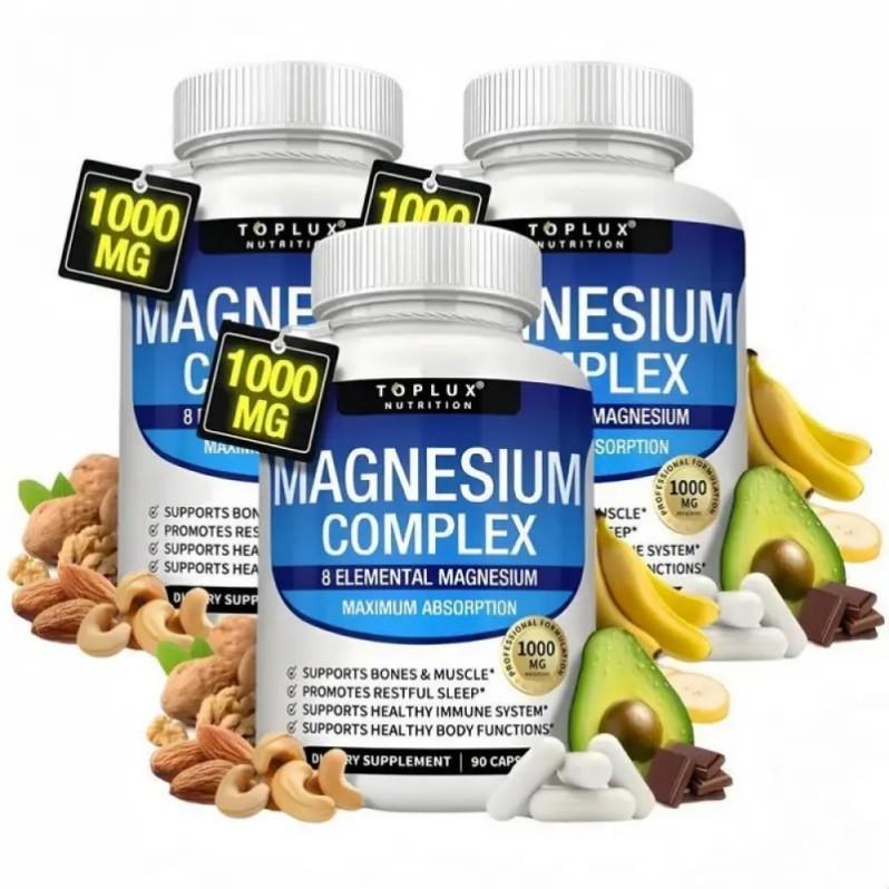 (Flash Sale 3 bottles) TopLux Nutrition Magnesium Complex 1000mg 90 Capsules 7 Elemental Sources Men Women Bone Muscle Sleep Immune Support Nature Decent Fitness Dietary Supplement Malate Taurate Chelated for
