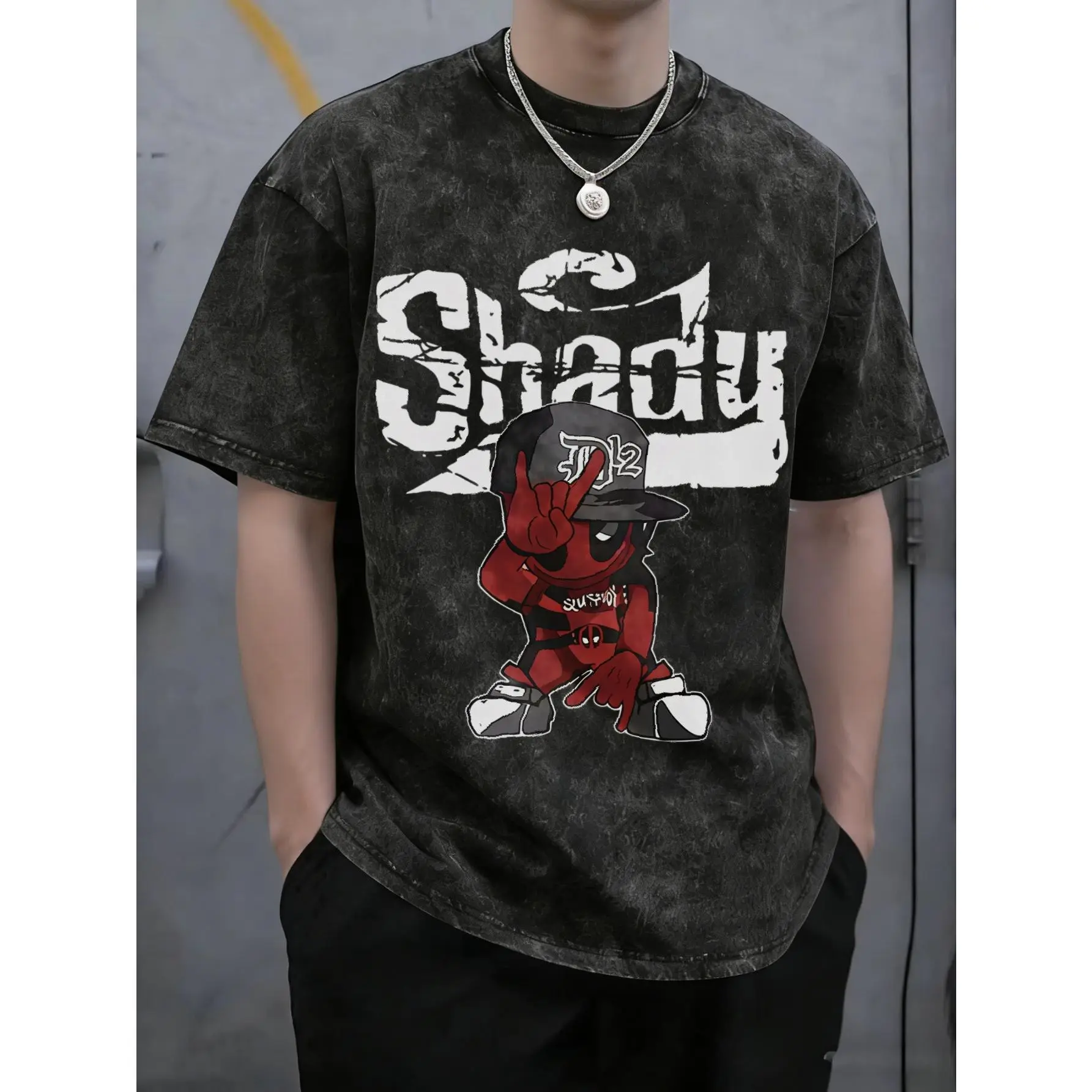 Washed Vintage Graphic Tee Men Summer T-Shirt Shady Red Deadpool Hip Hop Cartoon Character Graffiti Text Print Crew Neck Loose Casual Streetwear Daily Machine Wash Tops