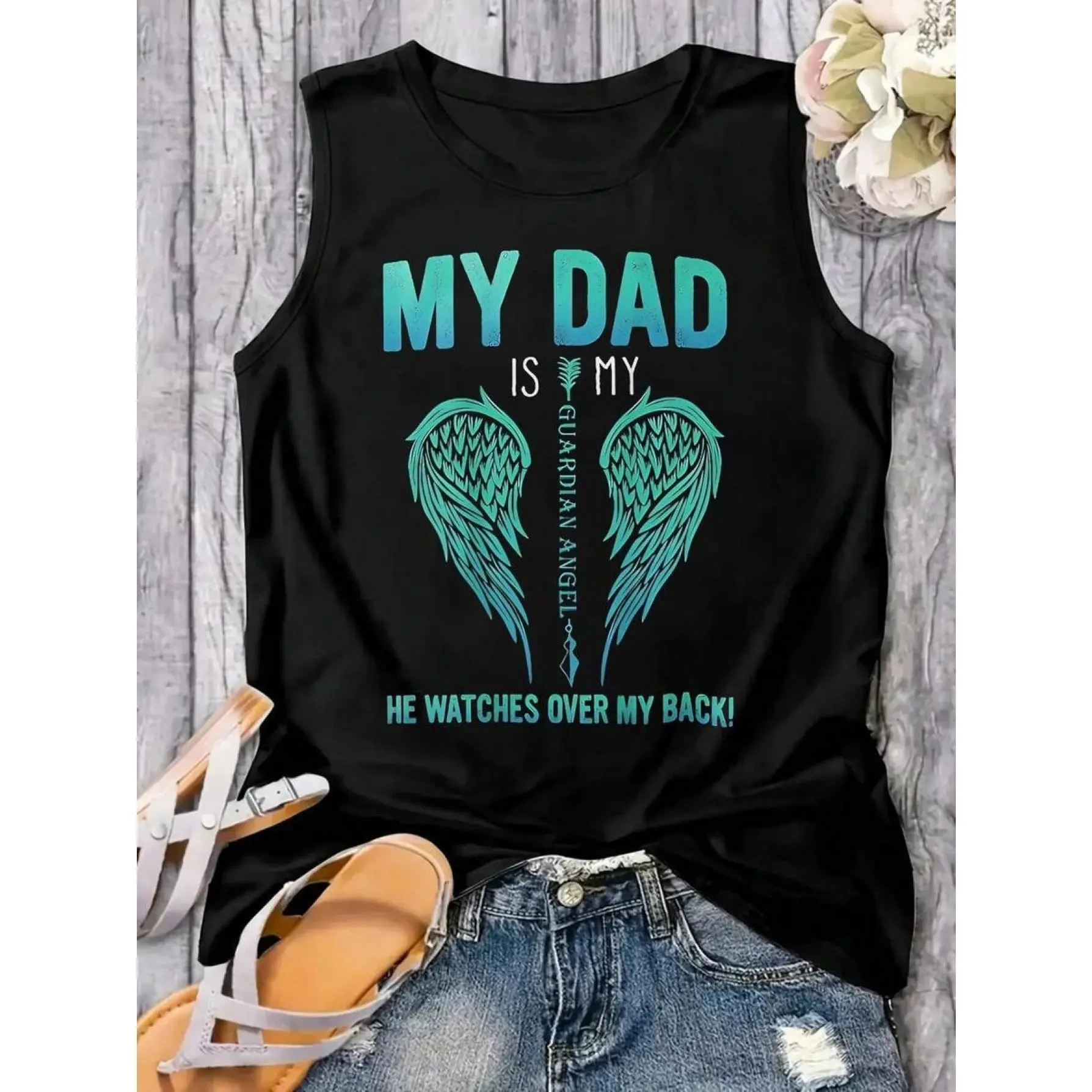Plus Size - Plus Size - Plus Size (1XL-5XL) Tank Top My Dad Is My Guardian Angel Casual Sleeveless Shirt Oversized American Style Tank Top Printed Pattern Tank Top Discount Tank Top Suitable for Enthusiasts (Various Sizes Available) Women'S Printed