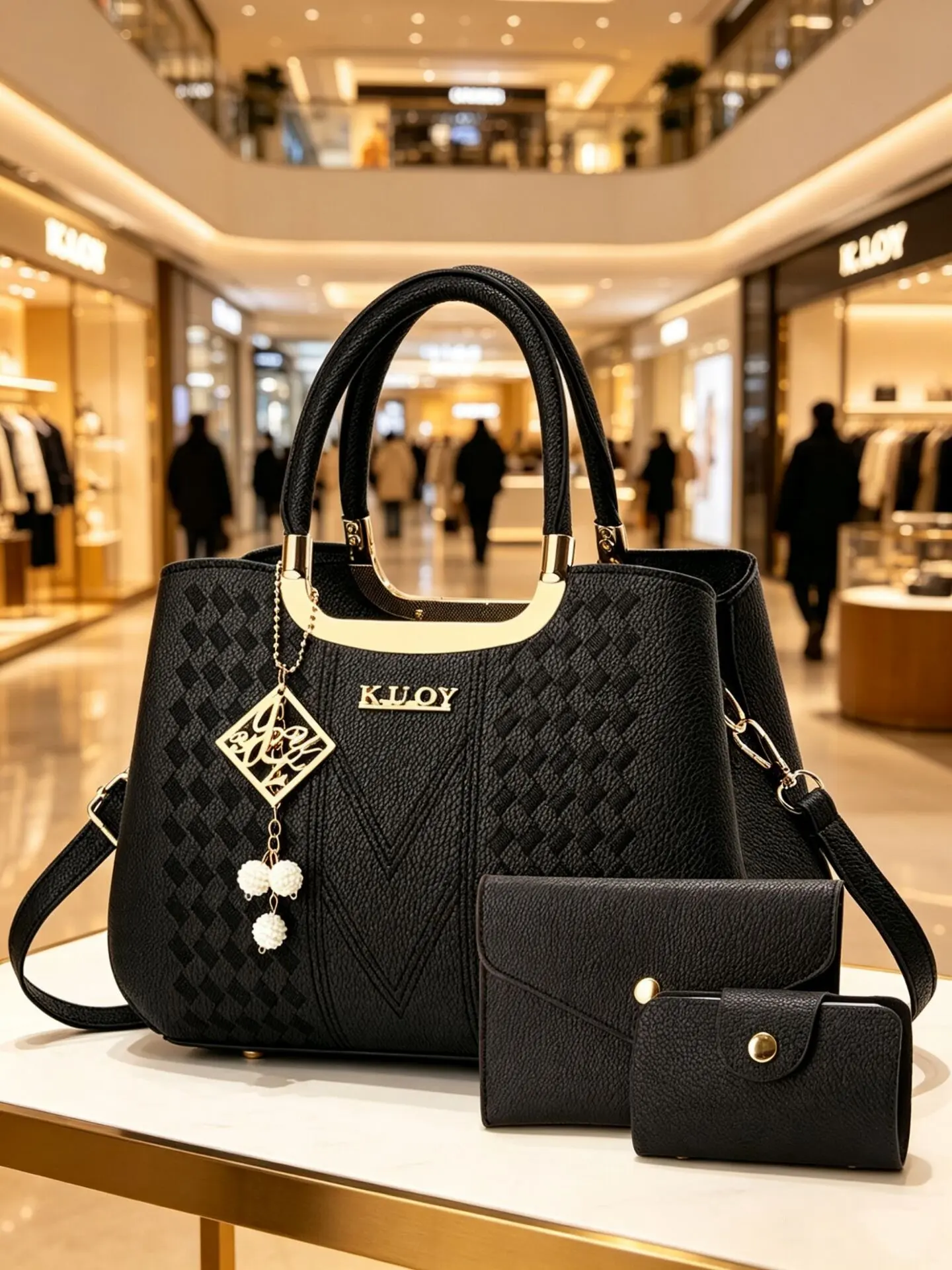Women's Three-Piece Stitched Handbag Set, Includes Letter Charm Crossbody Bag, Matching Wallet and Card Case, Fashionable Bag Set