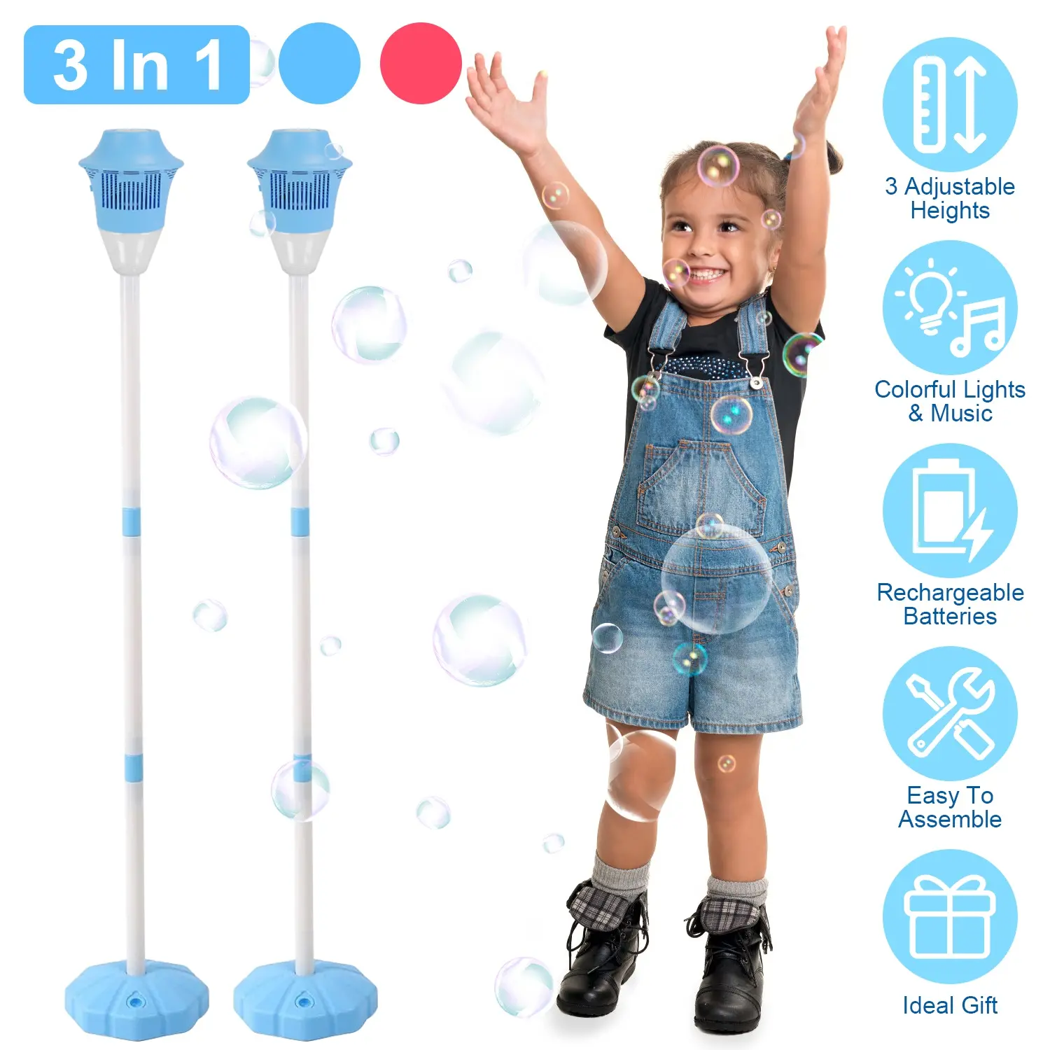 2-Pack Multifunction Bubble Maker - 3in1 Adjustable Height Rechargeable Auto Machine with Colorful Lights & Music, 2 Working Modes, 2pack for Parties, 3in1 Bubble Show, Fun for Guests, Indoor/Outdoor Events
