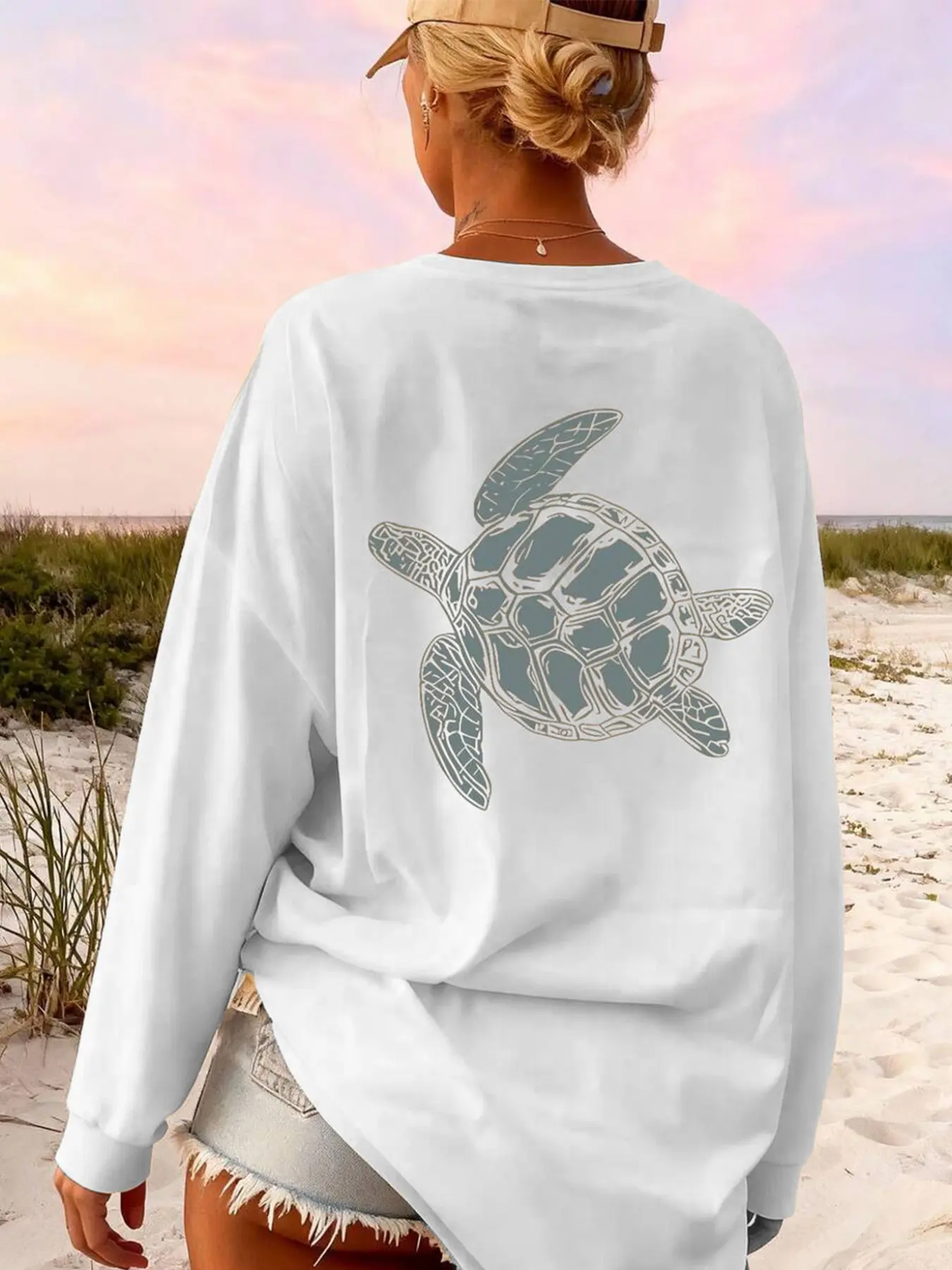 Women's Round Neck Cute Retro Simple Youth Casual Comfortable Vacation Campus Fashion Turtle Print Commute Leisure Wear
