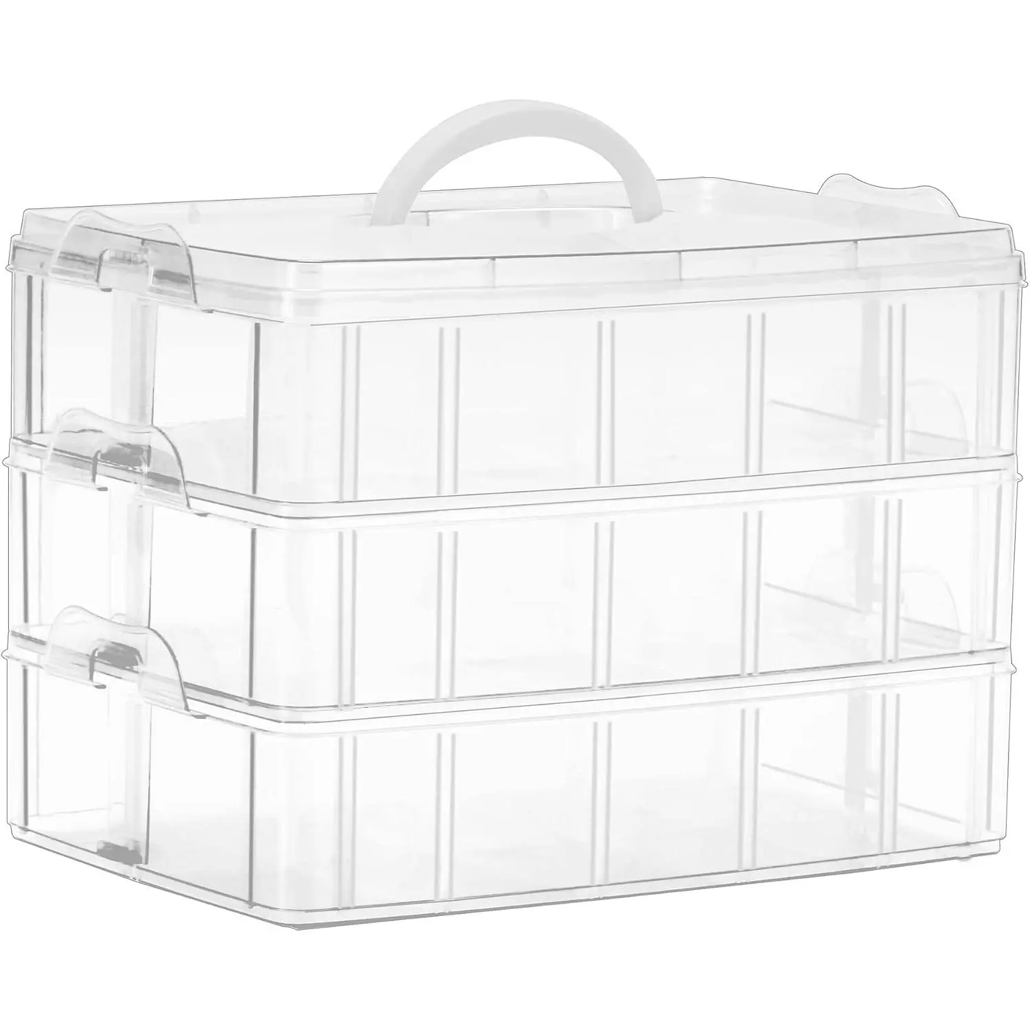 3-Tier Stackable Craft Organizers and Storage Box with 30 Compartments, Bead Organizer, Plastic Storage Box for Toys, Dolls, Arts and Craft, Washi Tape, Rock Collection, Ribbons, Clear