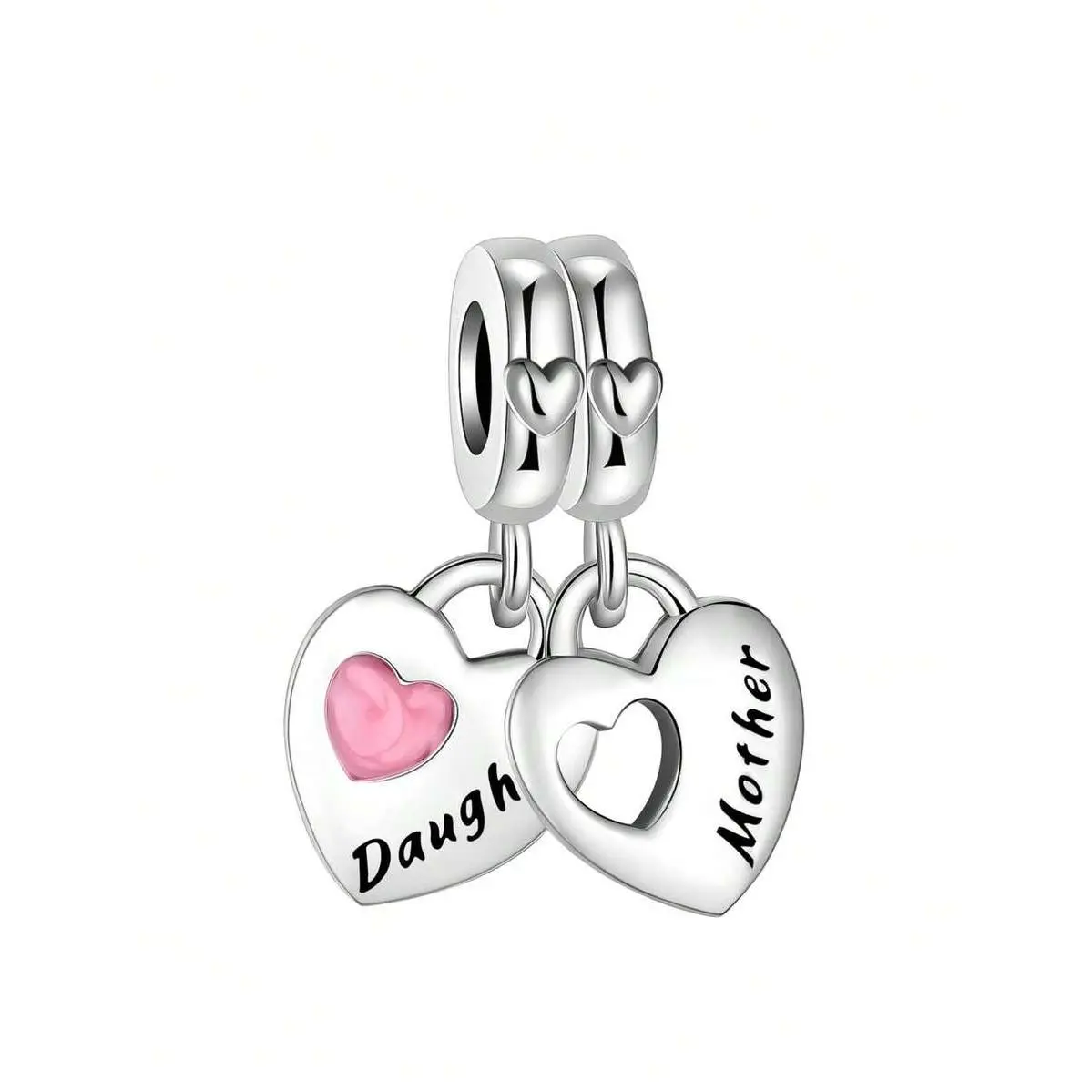 Silver-Plated Pendant, Daughter & Mother Double Heart, Pink Pendant, Pendant Ball, Suitable For Bracelet, DIY, Women Jewelry