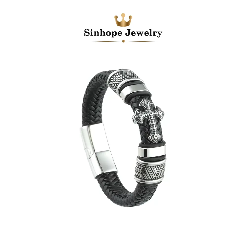 Vintage Cross Leather Bracelet for Men, Braided Black Faux Leather Wristband, Antique Silver Stainless Steel Cross Bangle, Punk Religious Faith Jewelry Gift for Guys