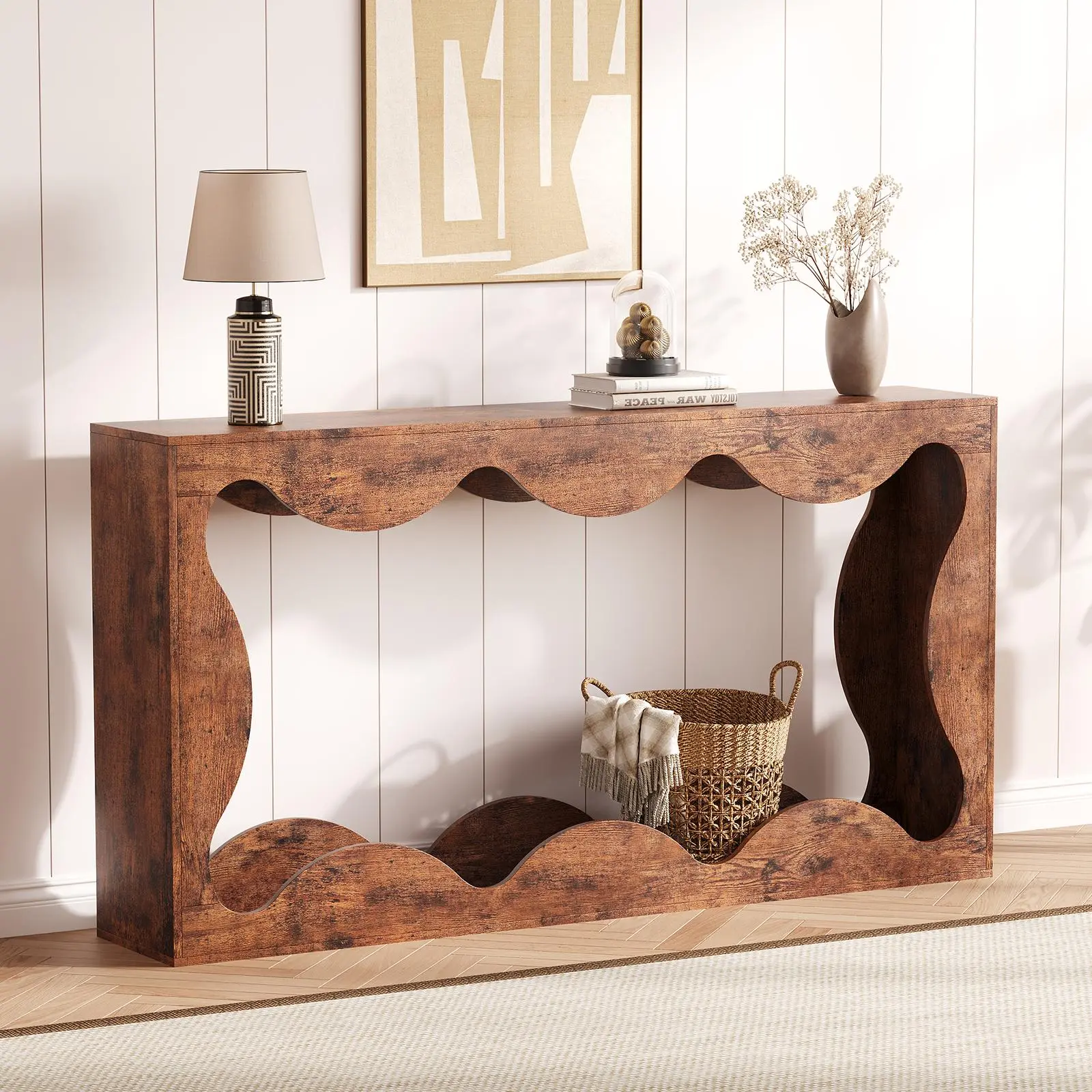 63-Inch Farmhouse Scalloped Console Table - Narrow Wooden Sofa Table with Storage Shelf - Rustic Accent for Entryway, Living Room Hallway, Entryway Table, Console Table Entryway