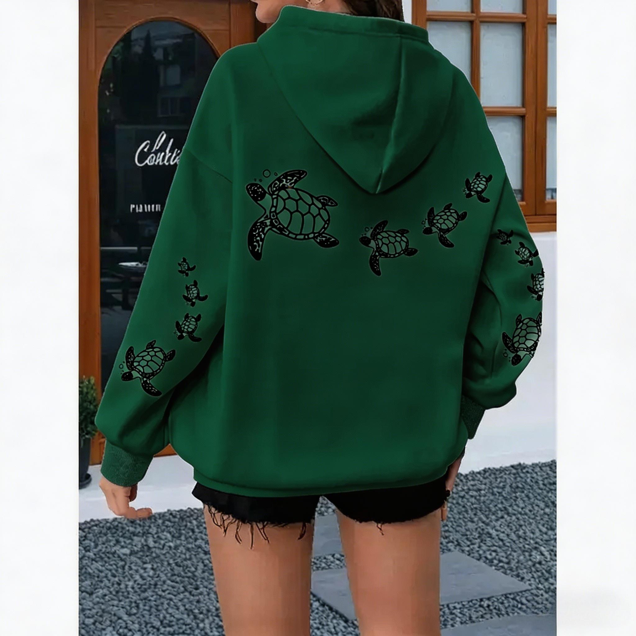 Women's plus-size loose hoodie with turtle print - pink and white casual pullover sweatshirt, kangaroo pocket and drawstring hood, machine washable, comfortable for all seasons, loose fit, soft fabric